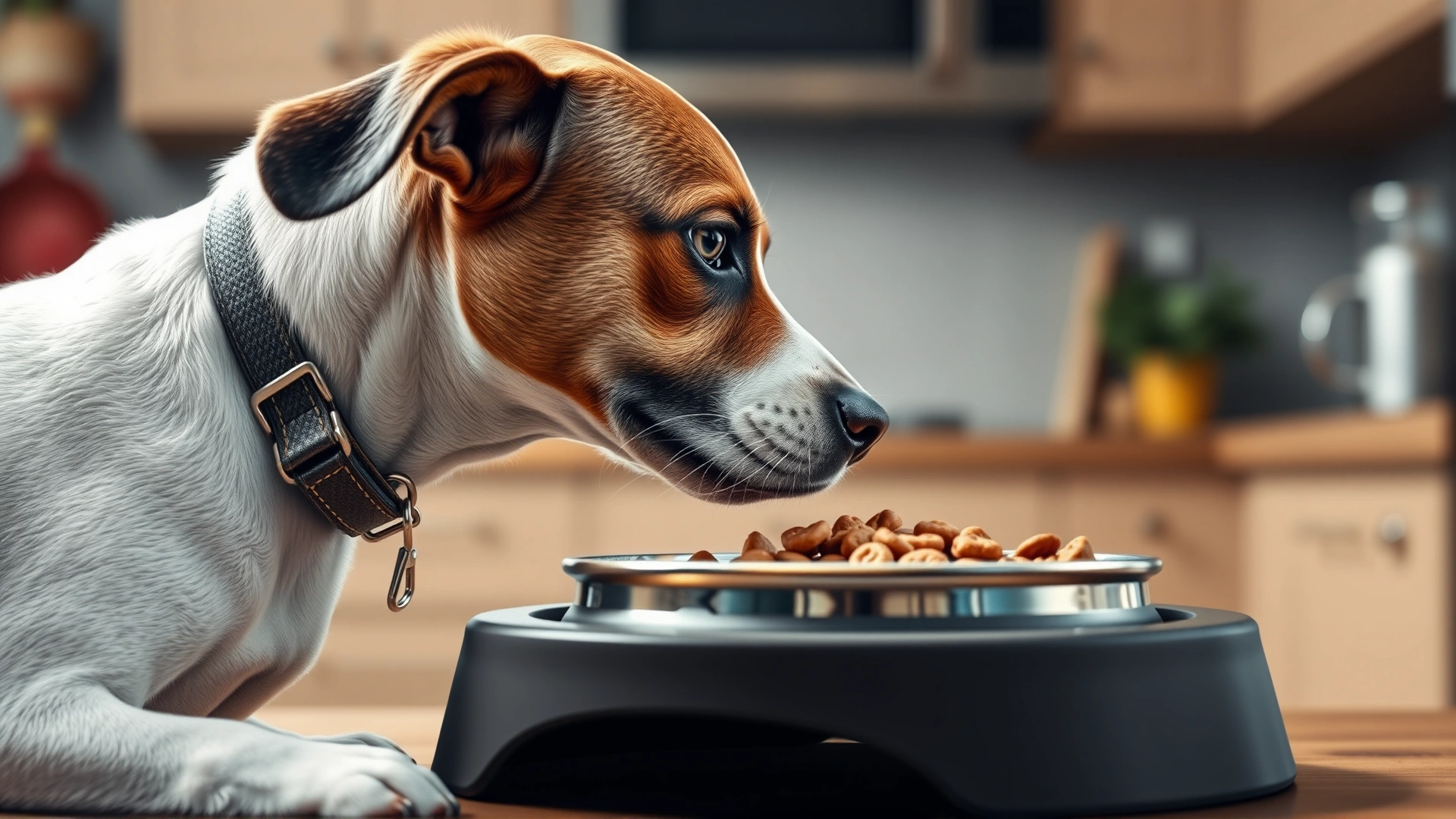 Side view of a dog with an e-collar eating from a raised food bowl in a cozy kitchen.