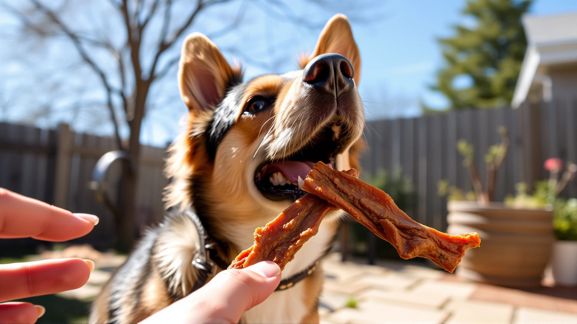 Medium-sized mixed-breed dog eagerly taking a duck jerky treat from its owner's hand in a sunny backyard