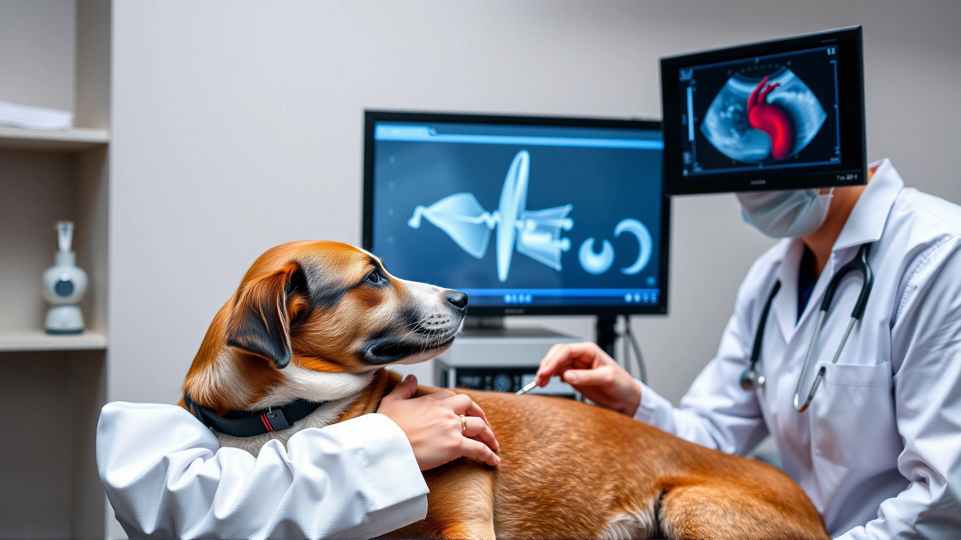 Veterinarian performing an echocardiogram on a relaxed dog while a monitor shows a heart scan, modern clinic setting.