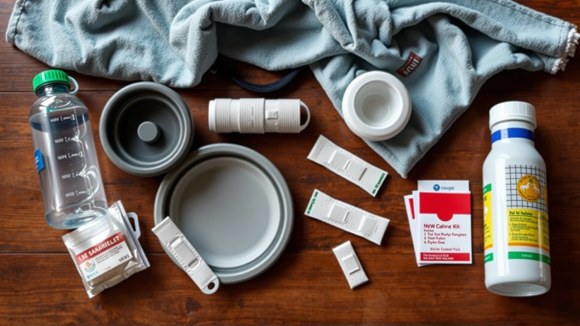 Flat-lay of a canine emergency kit: collapsible bowl, water bottle, bandages, cooling towel, and medical documents on a wooden table.