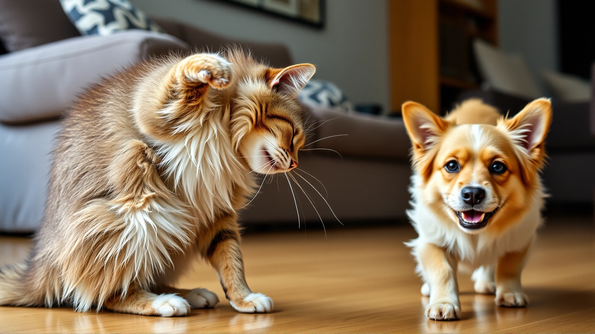 Cat arching its back and puffing fur while a friendly dog approaches slowly, living room setting