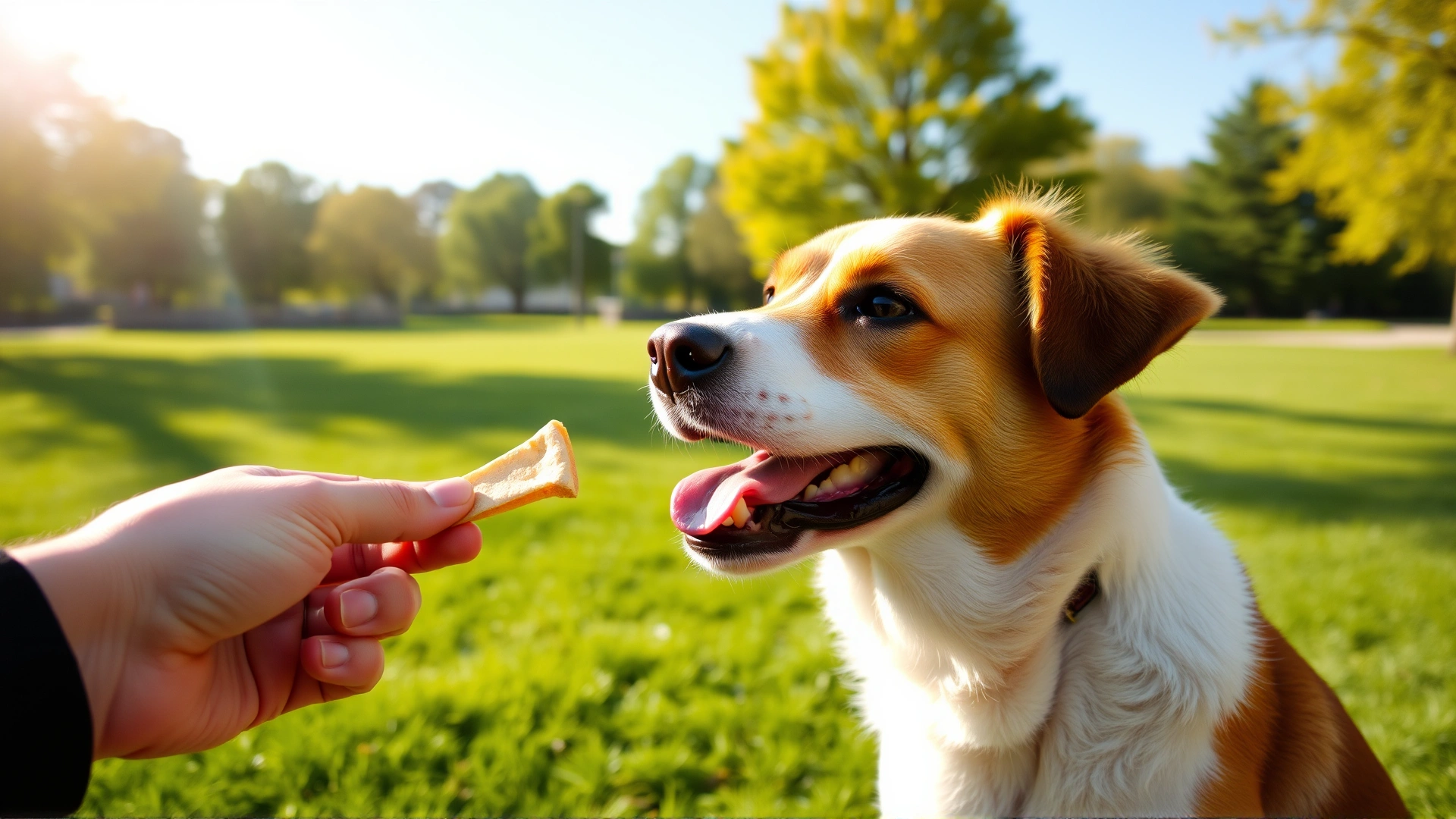 Smiling dog in a green park receiving a small training treat from the owner's hand during a sunny day.