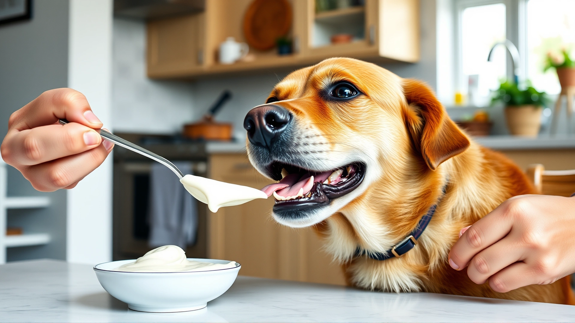 Medium-sized brown dog happily licking plain yogurt from a spoon held by its owner in a cozy home kitchen setting