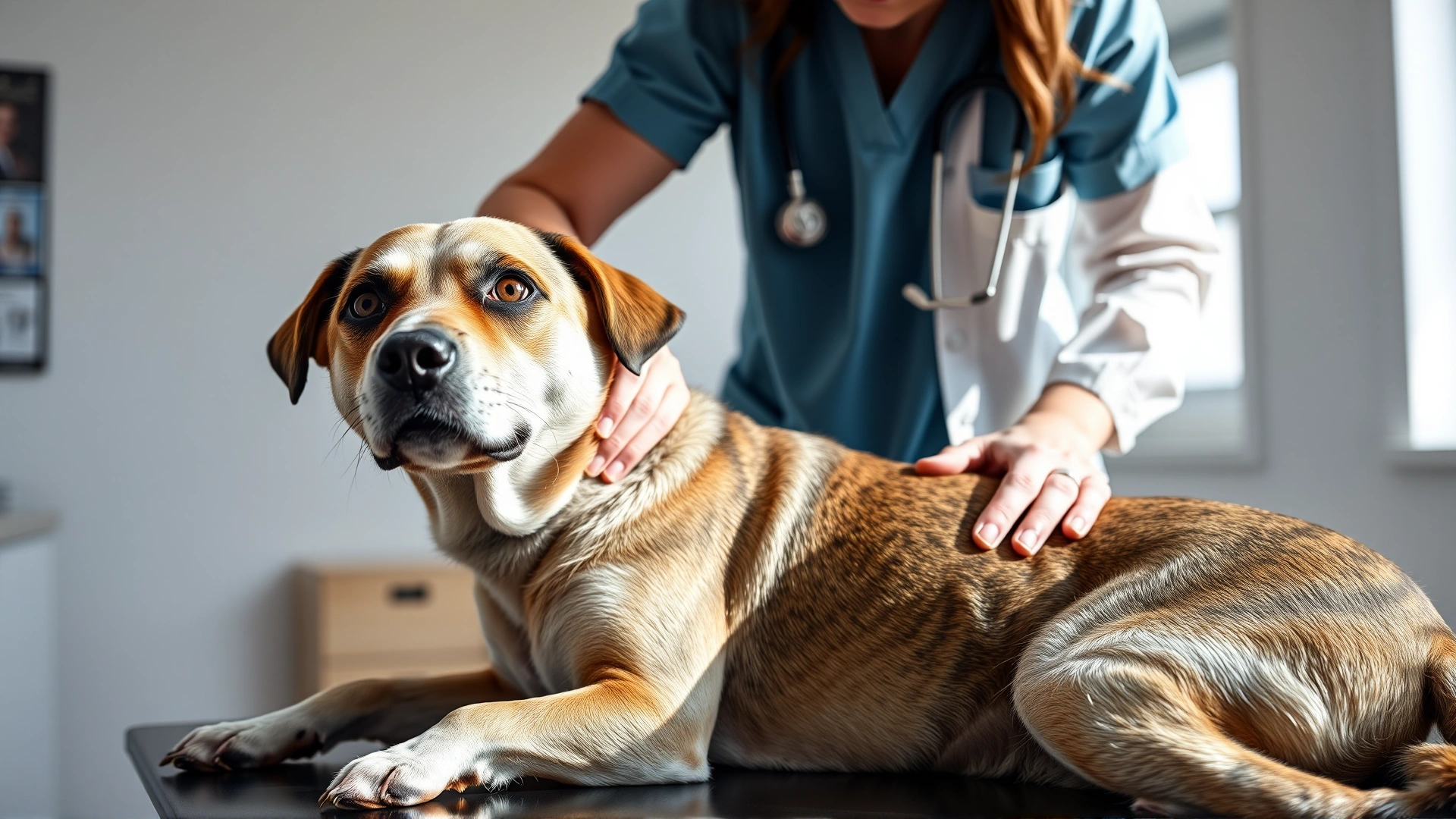 Veterinarian palpating the neck lymph nodes of a medium-sized mixed-breed dog on an examination table, bright clinical setting, natural lighting.