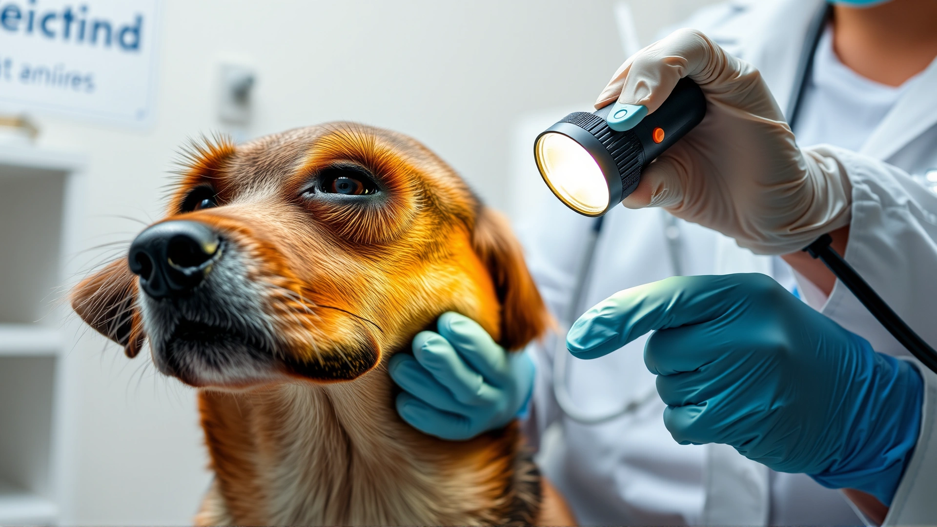 Veterinarian gently parting a dog's fur with gloved hands while using a flashlight to inspect for ticks in a clinic setting.