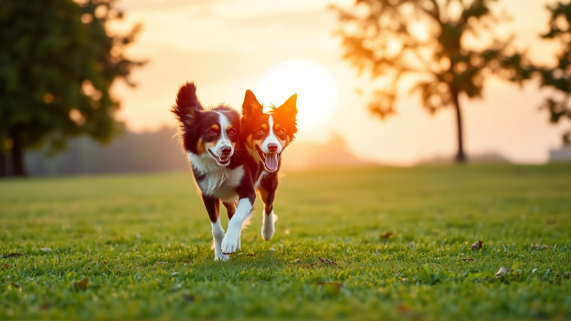 A fit border collie running energetically across a grassy park during sunset, symbolizing daily exercise for dogs.