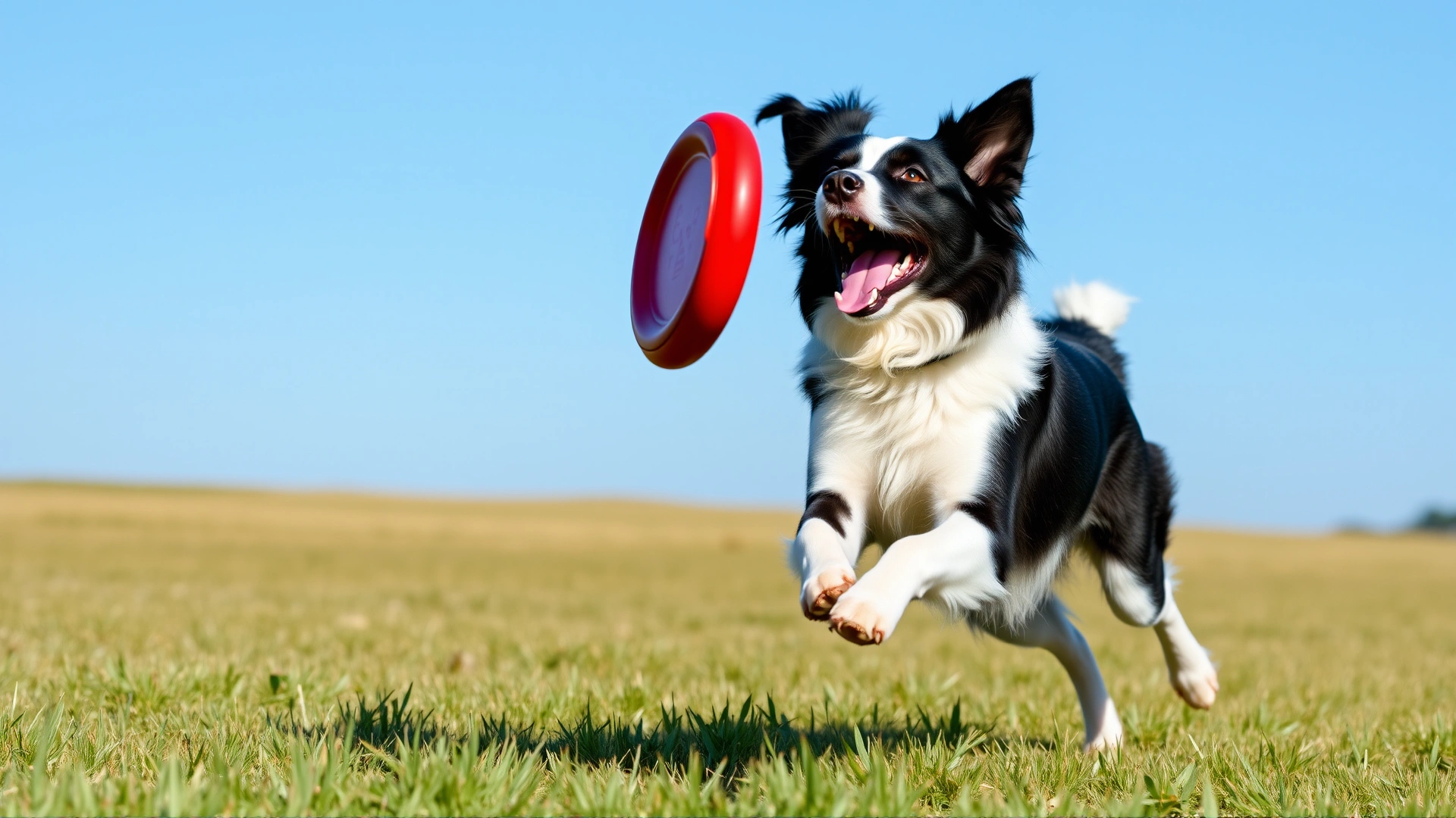 Energetic Border Collie catching a red frisbee mid-air in a large grassy field under a bright blue sky; shows active exercise