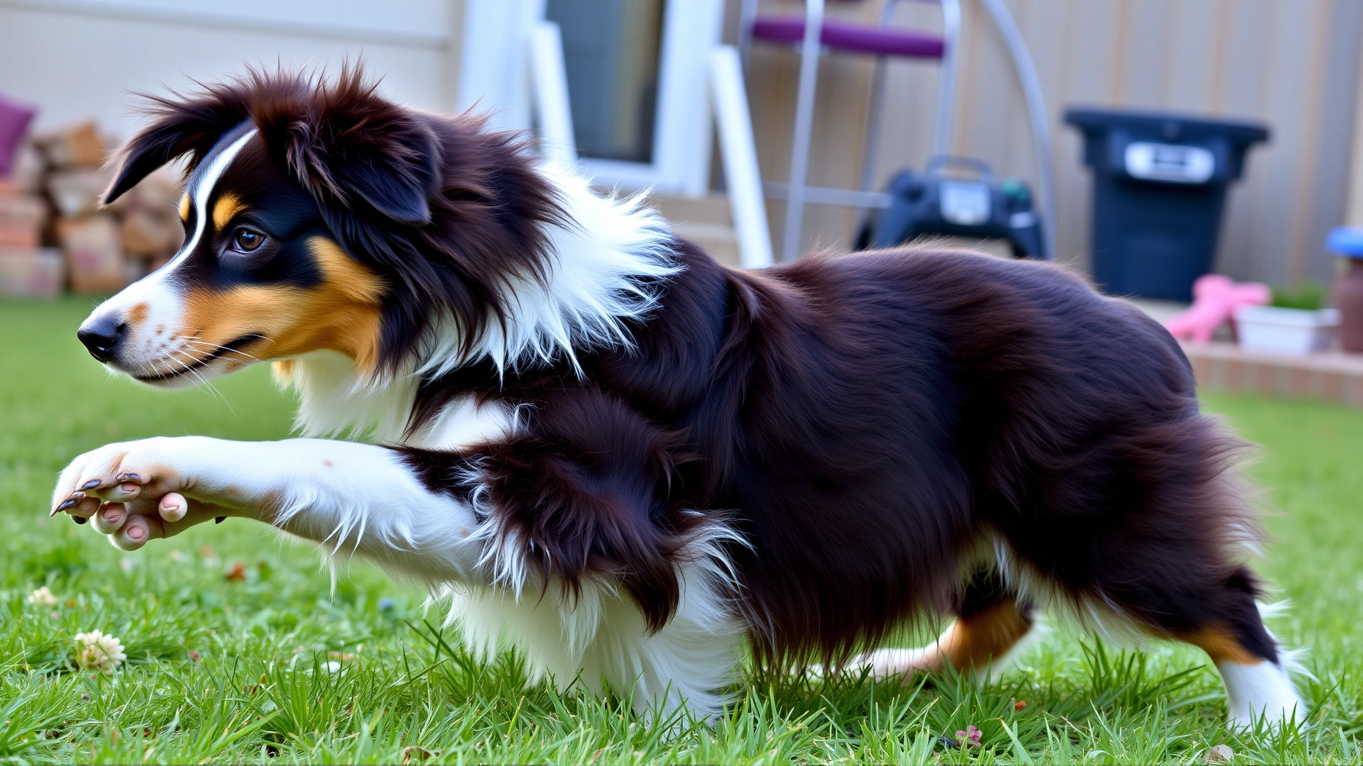 Active Australian Shepherd stretching playfully in a backyard, showcasing flexibility and healthy joints.