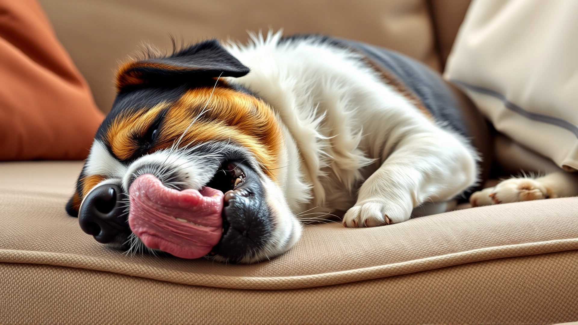 Tired dog sprawled on a sofa, tongue out, clearly exhausted after play.