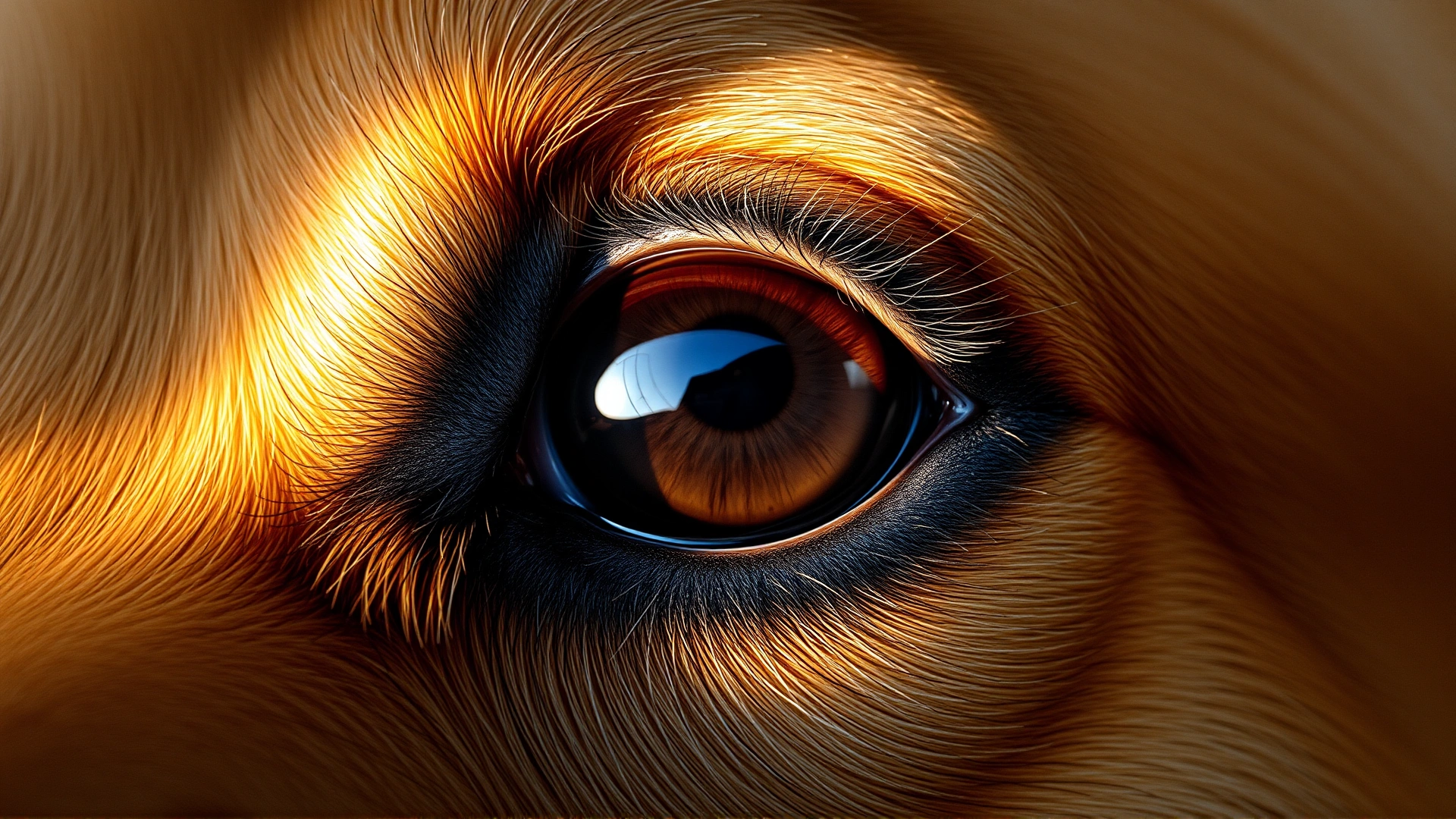 Extreme close-up of a dog's eye reflecting light, showing detailed iris texture
