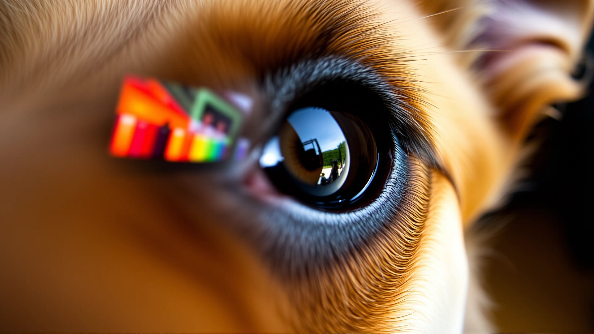 Extreme close-up of a dog’s eye reflecting a television screen, highlighting color and motion.