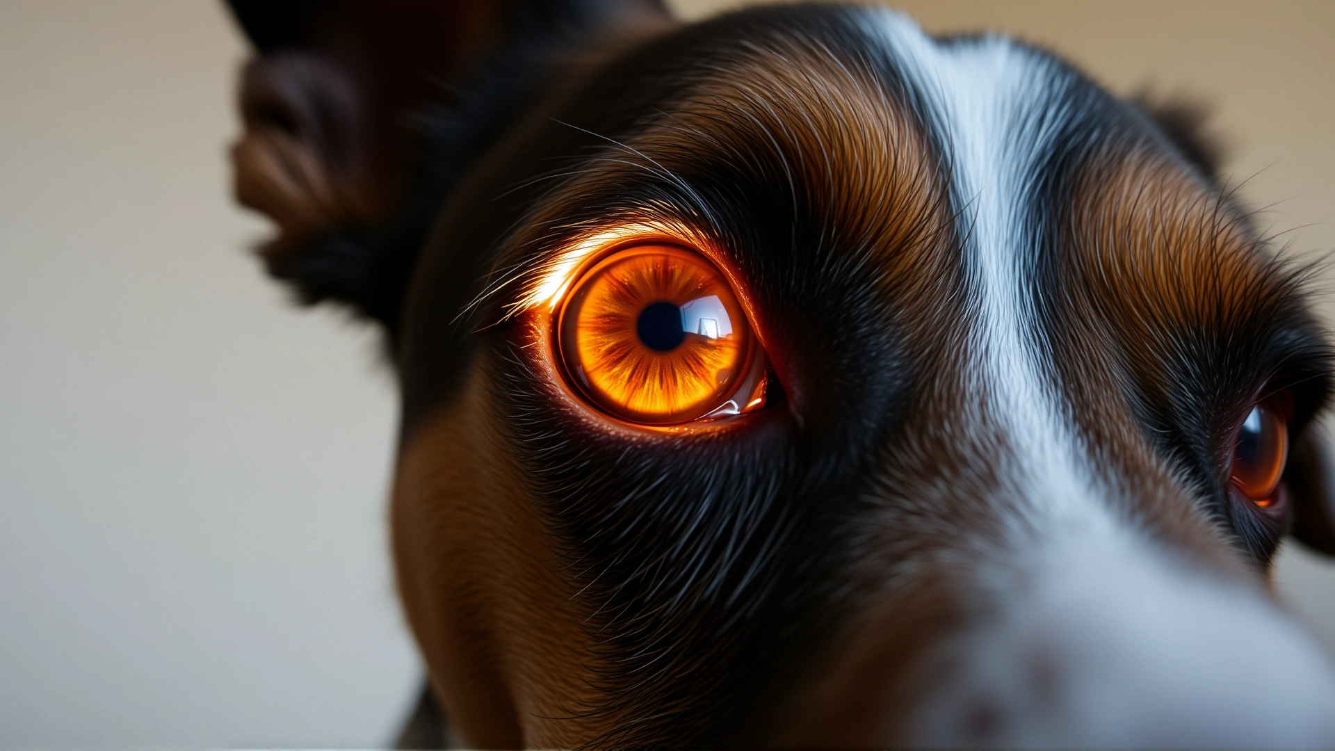 Macro shot of a dog's eye showing mild watery discharge reflecting light, indoor neutral background
