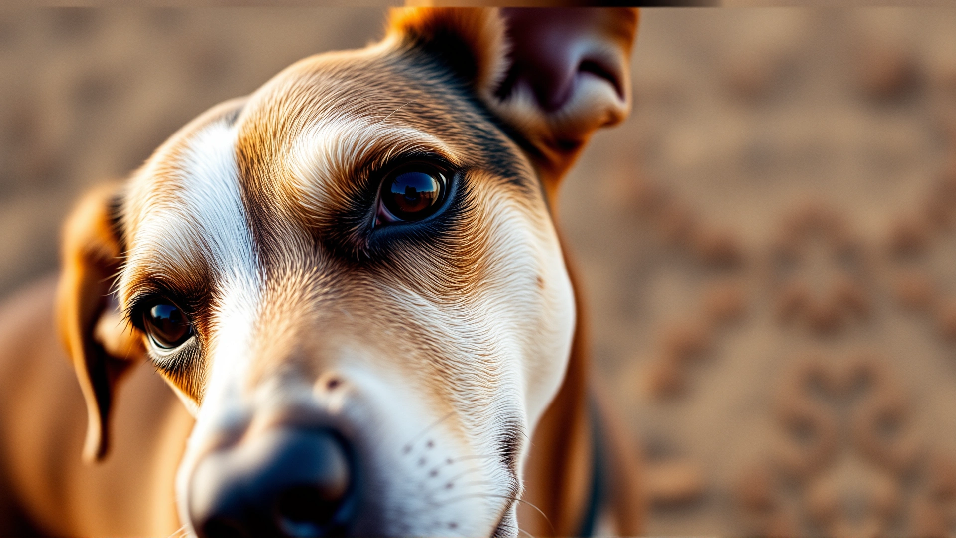 Close-up shot of a dog making gentle eye contact with its owner, soft focus background, outdoor setting, warm tones