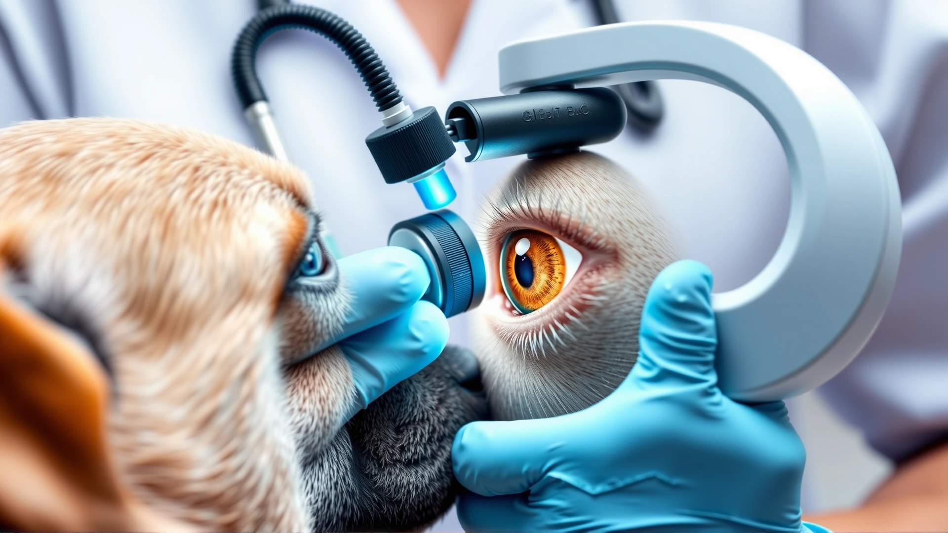 Veterinarian using an ophthalmoscope to examine a dog’s eye, illustrating glaucoma diagnosis.