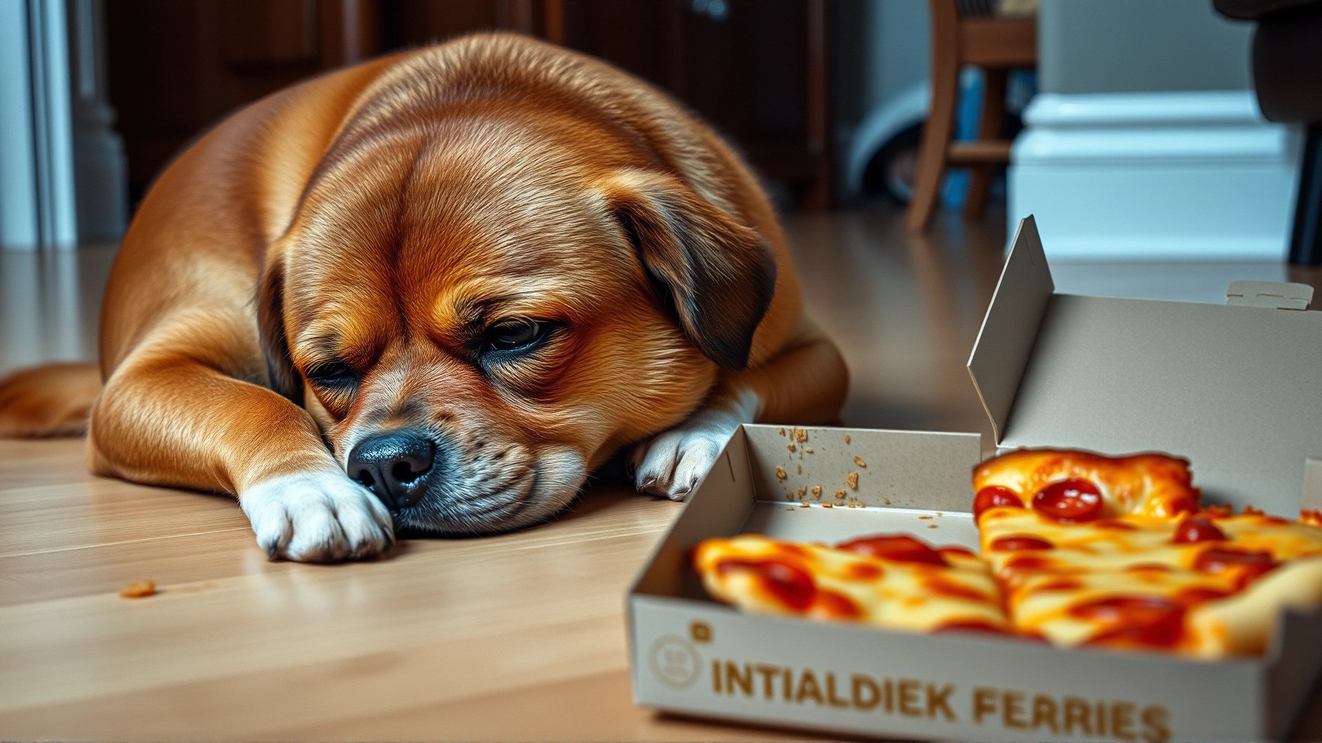 Sad dog curled up on the floor with a slightly upset expression and a partially eaten pizza box nearby, indoor setting