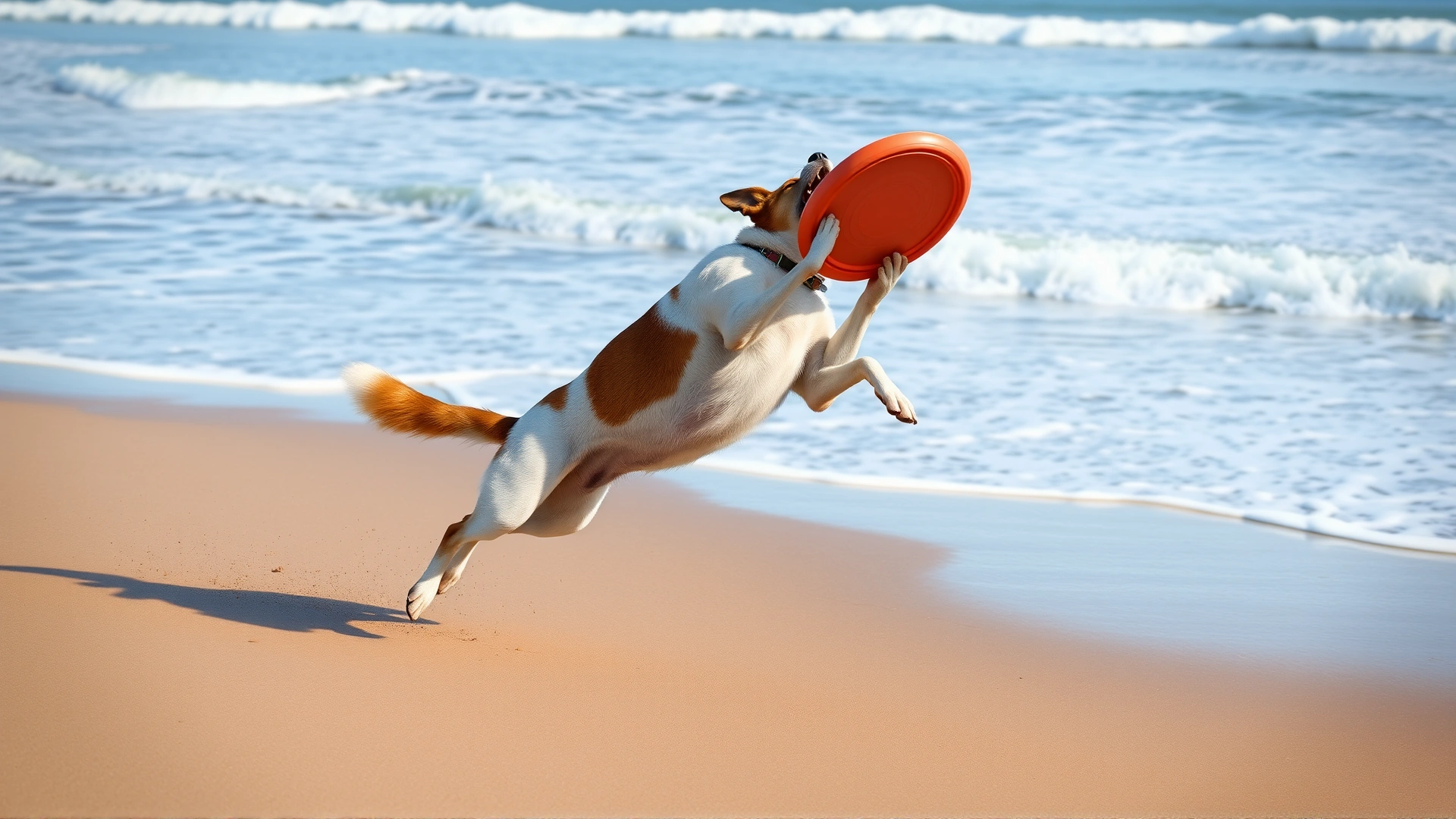 Action shot of a dog leaping mid-air to catch a frisbee on a sandy beach with waves in the background