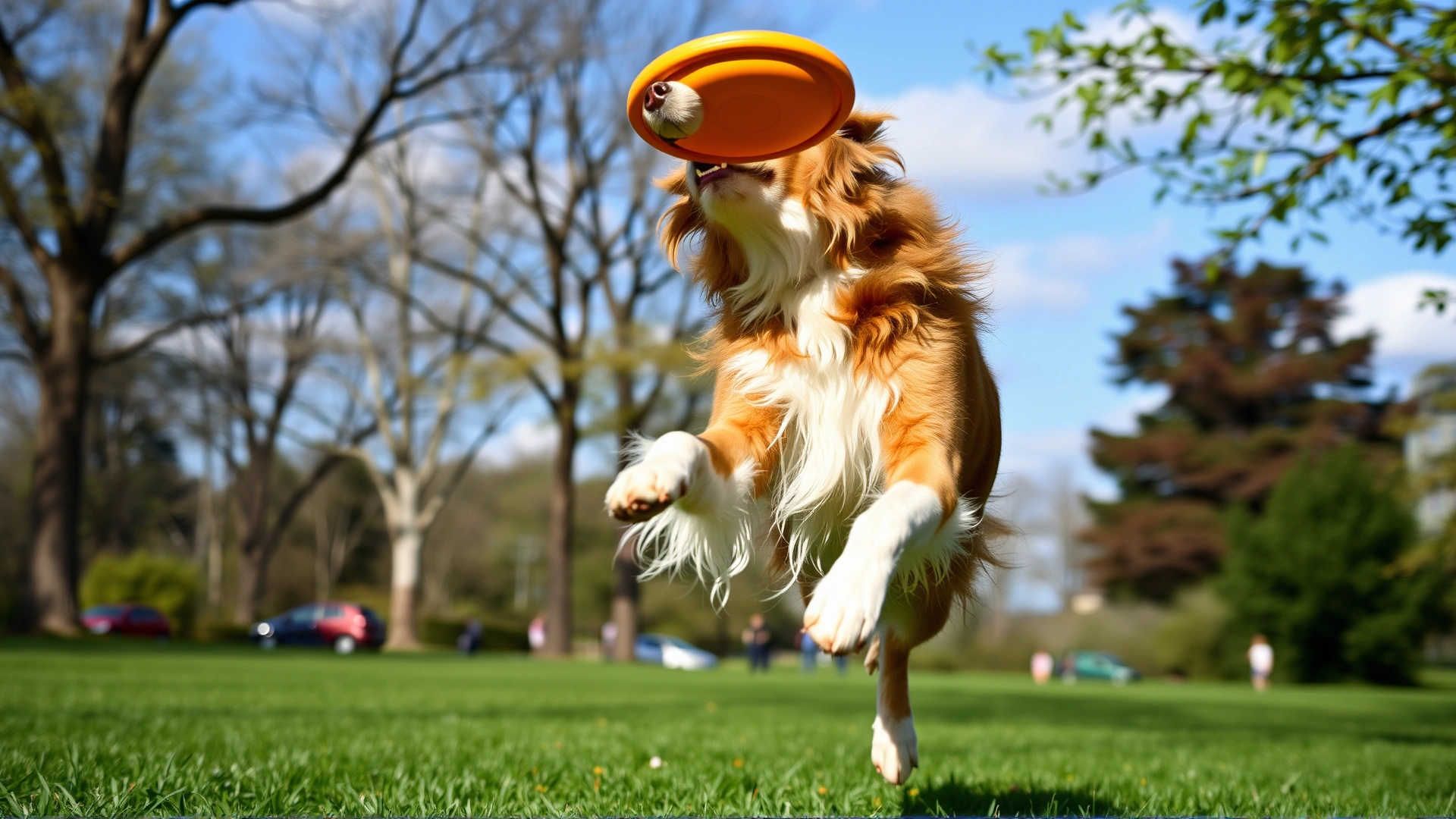 Nova Scotia Duck Tolling Retriever mid-air catching a frisbee in a green park on a sunny day