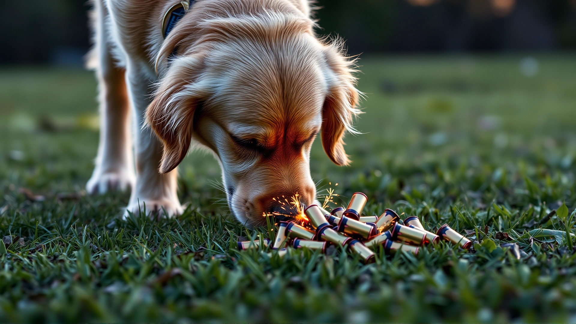 Golden retriever sniffing at a small pile of spent fireworks casings on the grass, early evening lighting emphasizing curiosity and risk.