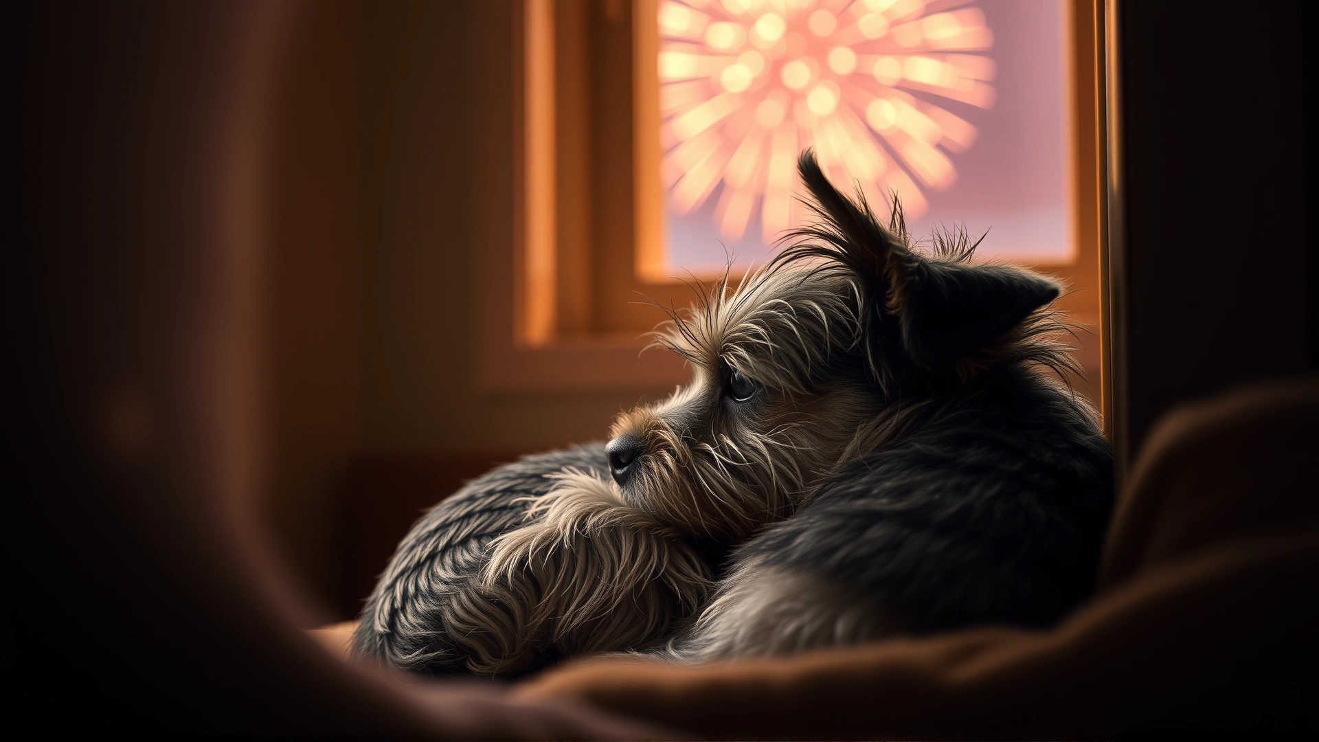 Small terrier curled up in a cozy indoor nook with soft lighting, faint colorful fireworks bokeh seen through a distant window.