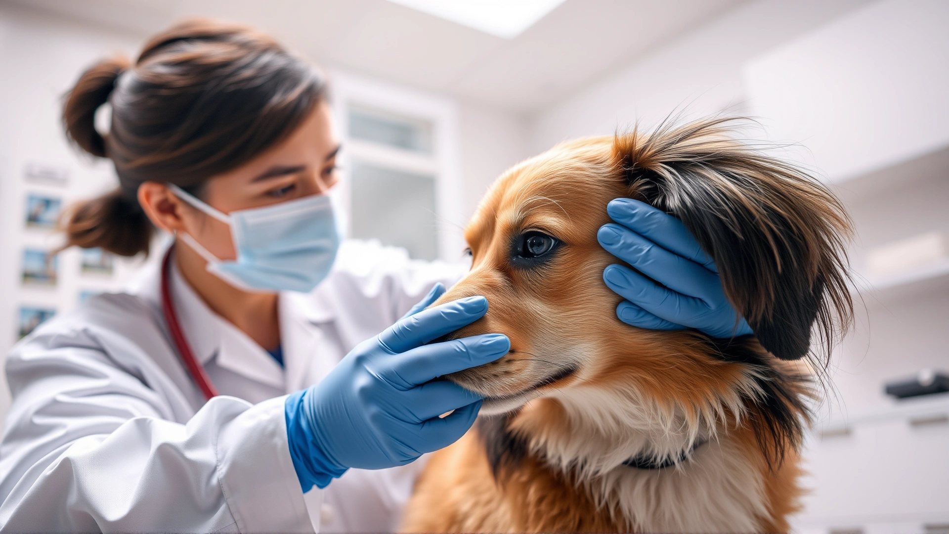 Veterinarian parting a dog's fur to check for fleas during an examination in a bright clinic