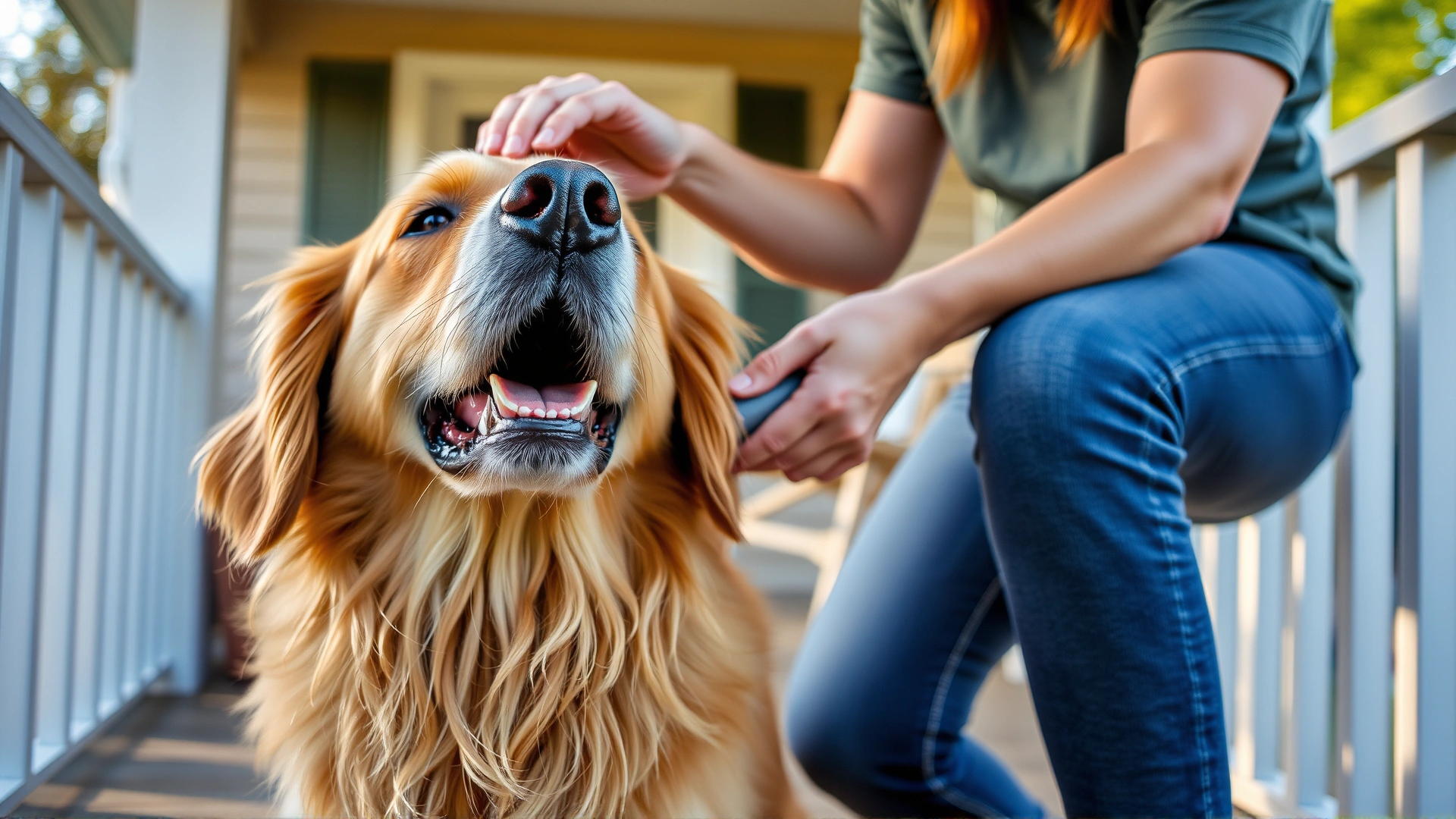 Medium shot of a golden retriever enjoying being brushed by its owner on a porch, emphasizing flea prevention routine, warm natural light.