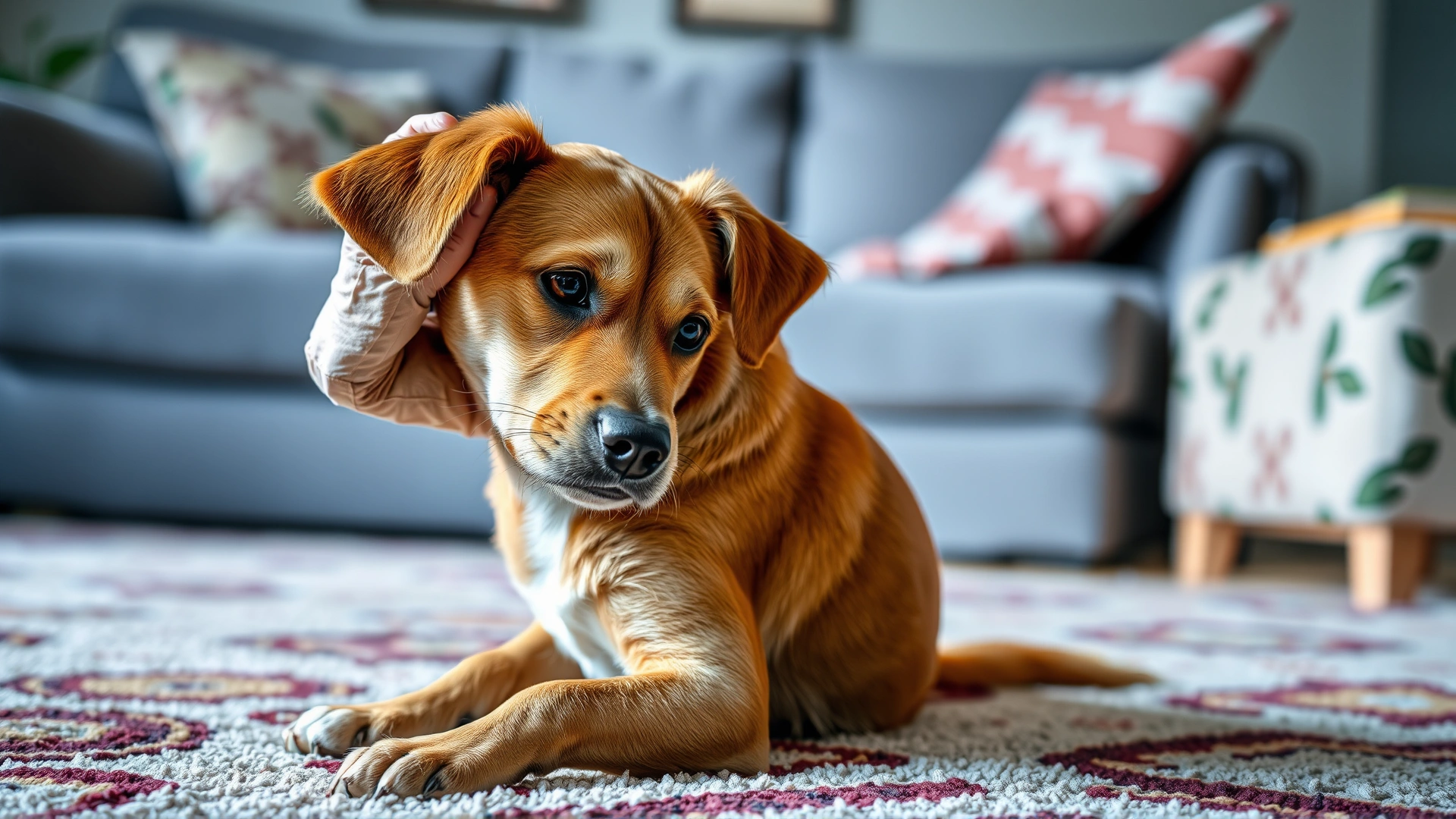 Medium shot of a short-haired brown dog scratching behind its ear while sitting on a living-room rug; conveys flea irritation.
