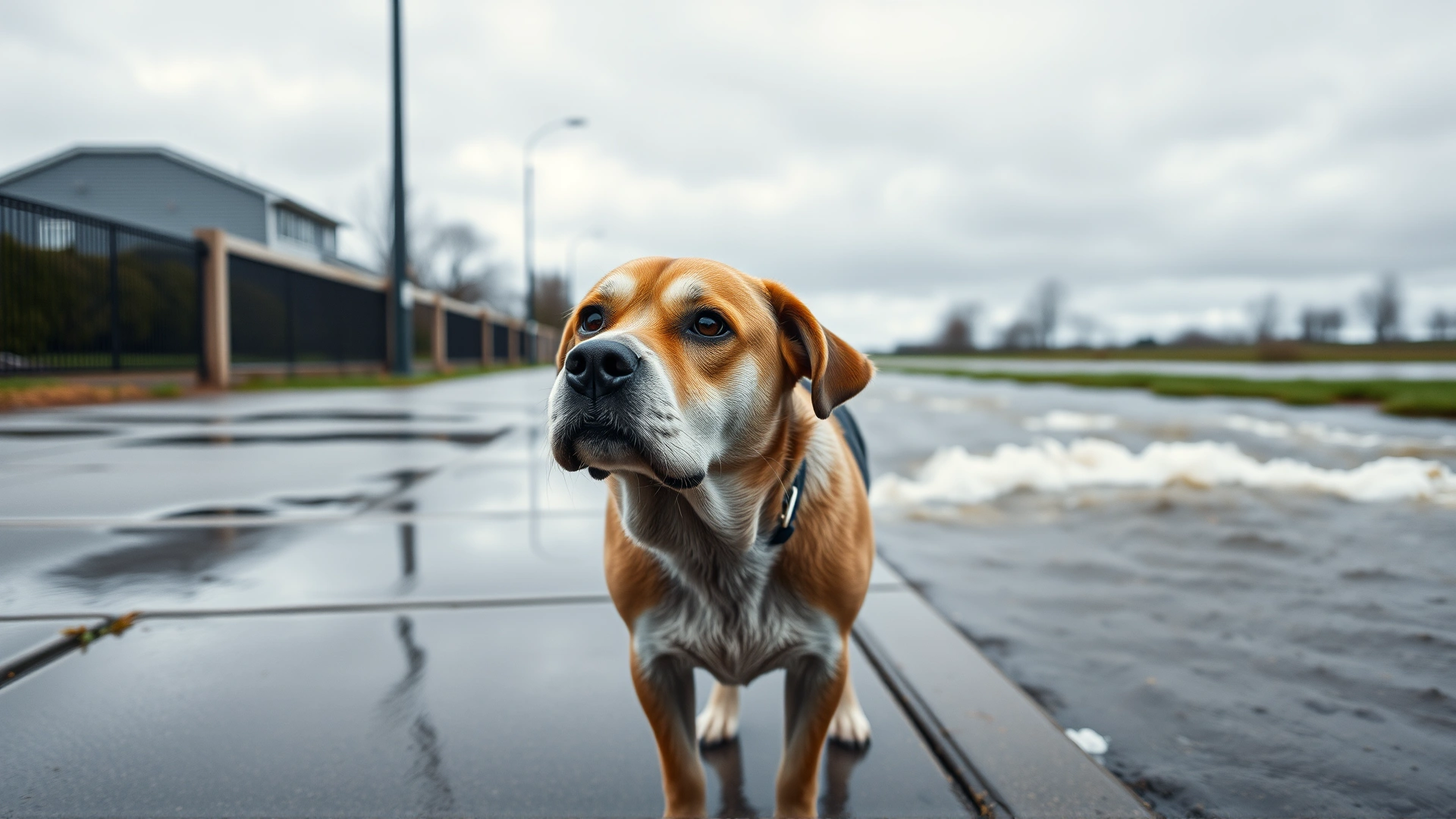 Dog standing on a slightly flooded sidewalk looking at flowing water in the background, overcast sky, worried expression, no text.