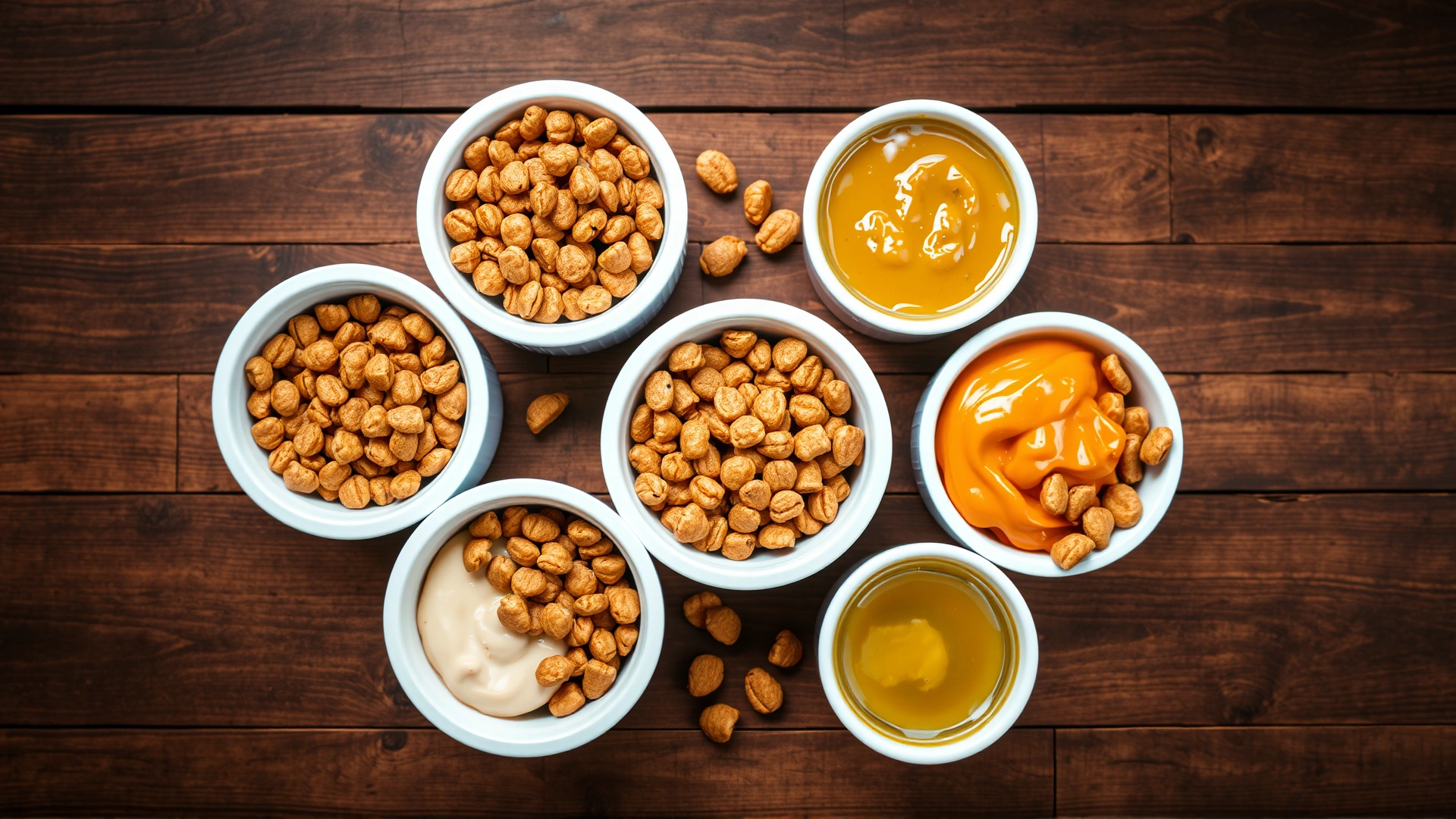 Assorted bowls of senior dog kibble and wet food arranged on a wooden table, overhead shot