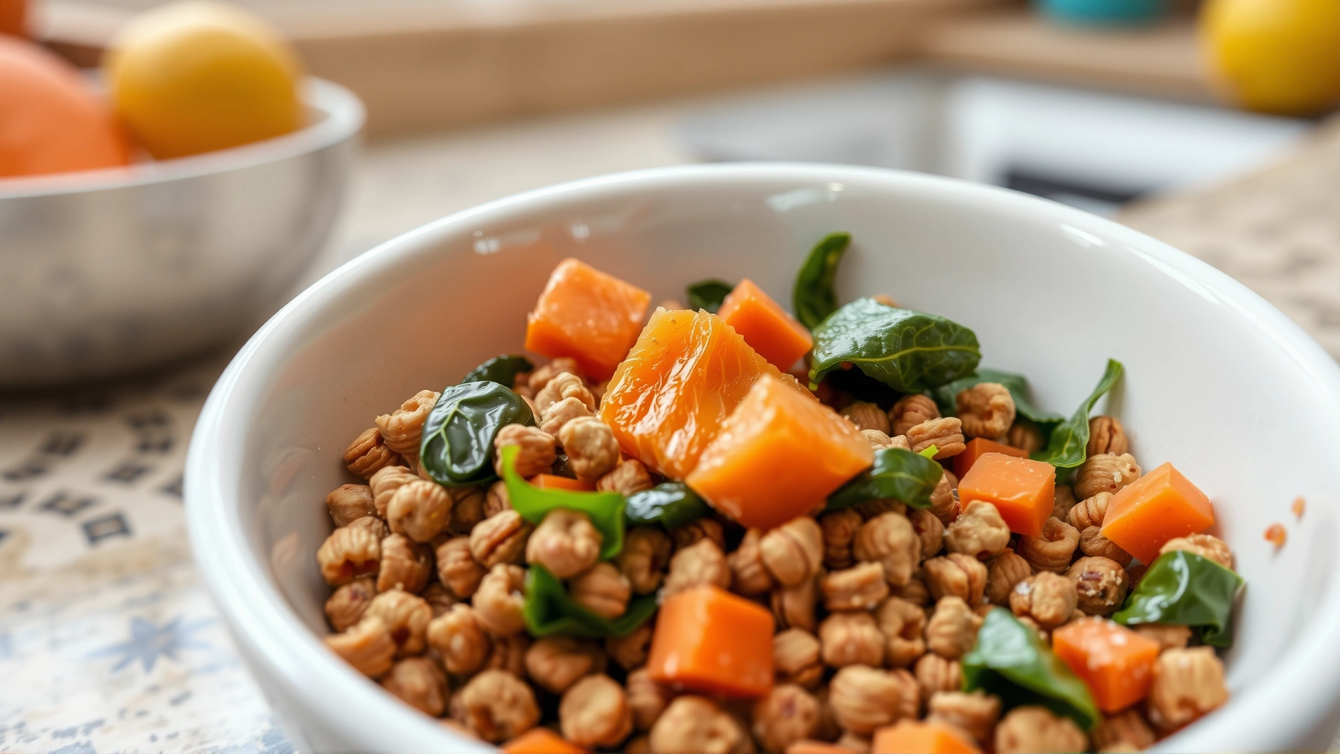 Close-up of a nutritious bowl for dogs with kibble mixed with fresh salmon chunks, carrots, and spinach, on a kitchen countertop
