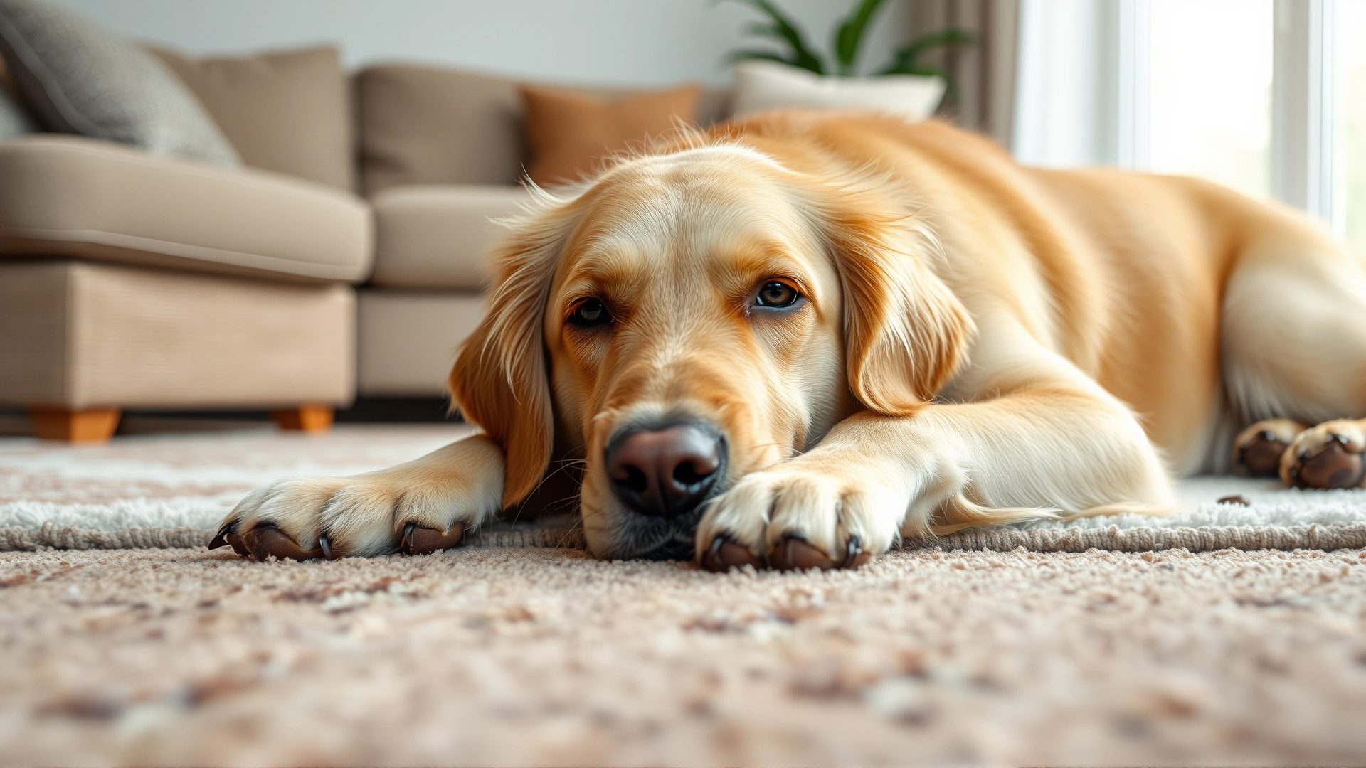 An older Golden Retriever stretching comfortably on a living room rug, showing relief from osteoarthritis