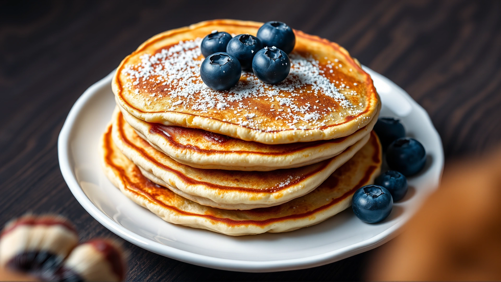 Stack of small, dog-friendly pancakes topped with fresh blueberries on a ceramic plate, with a dog paw visible at the edge of the frame.