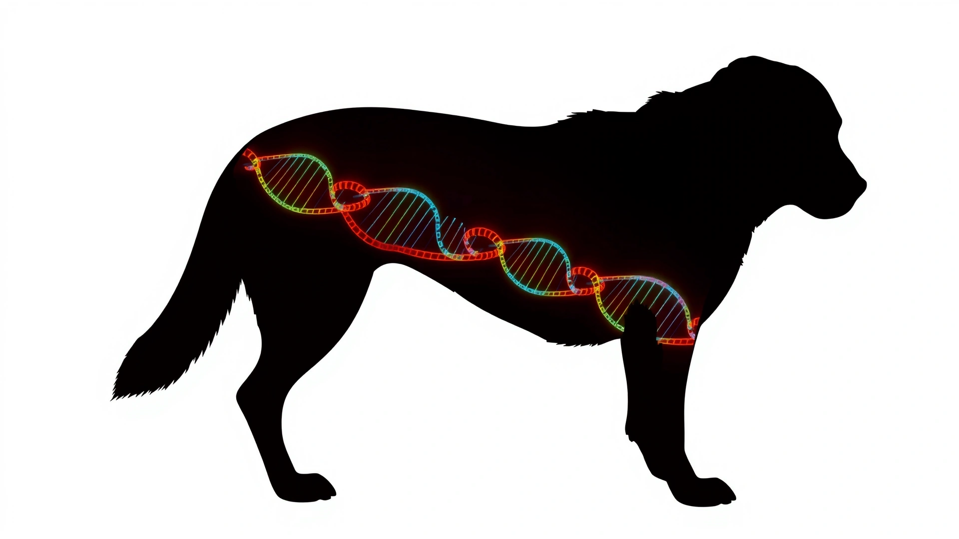 Illustration of a dog silhouette filled with a colorful DNA strand pattern on a light background; minimal style, no text