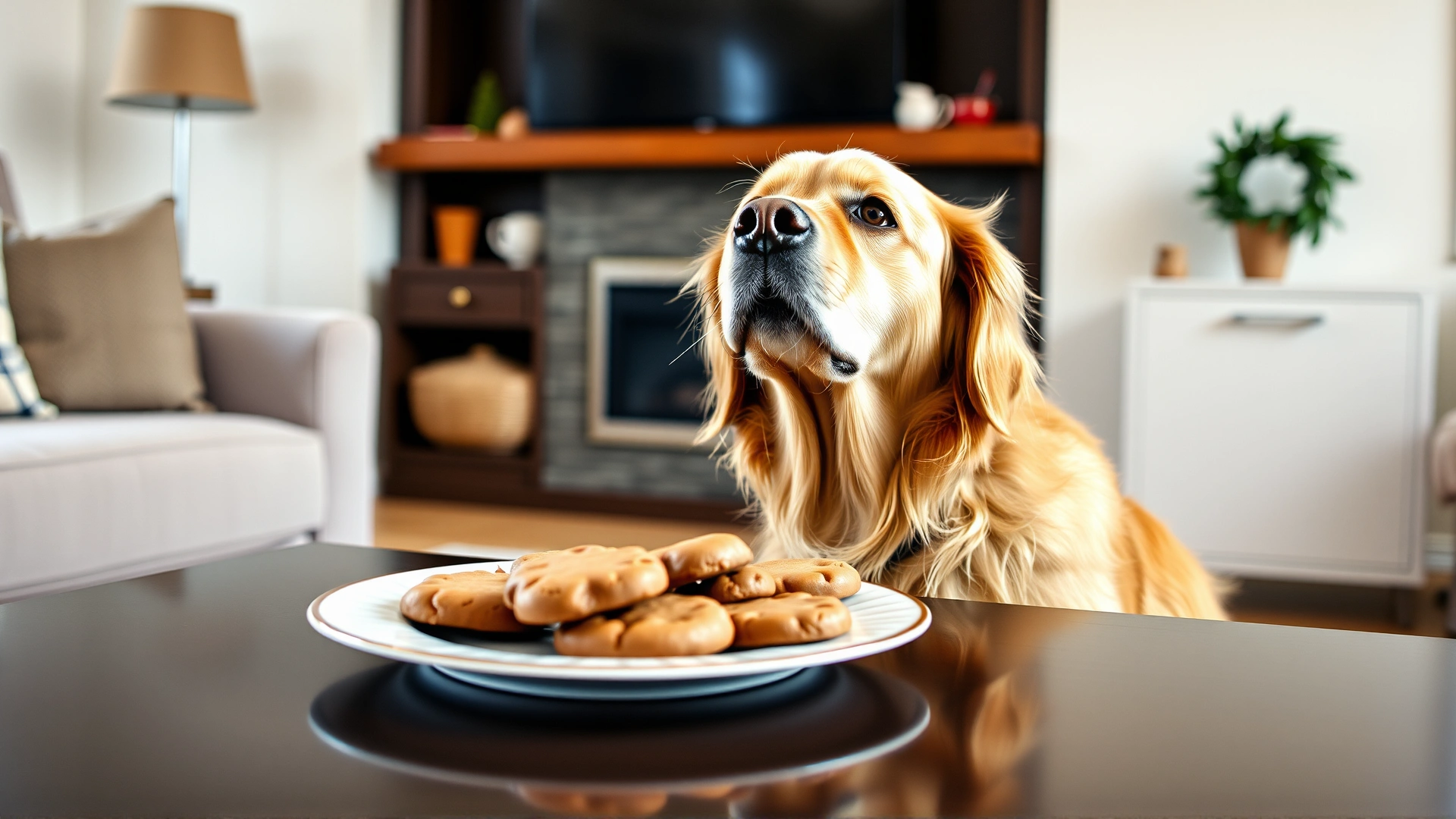 Golden retriever looking up at a plate of gingerbread cookies on a coffee table, as if begging for a bite. Bright daylight living room.