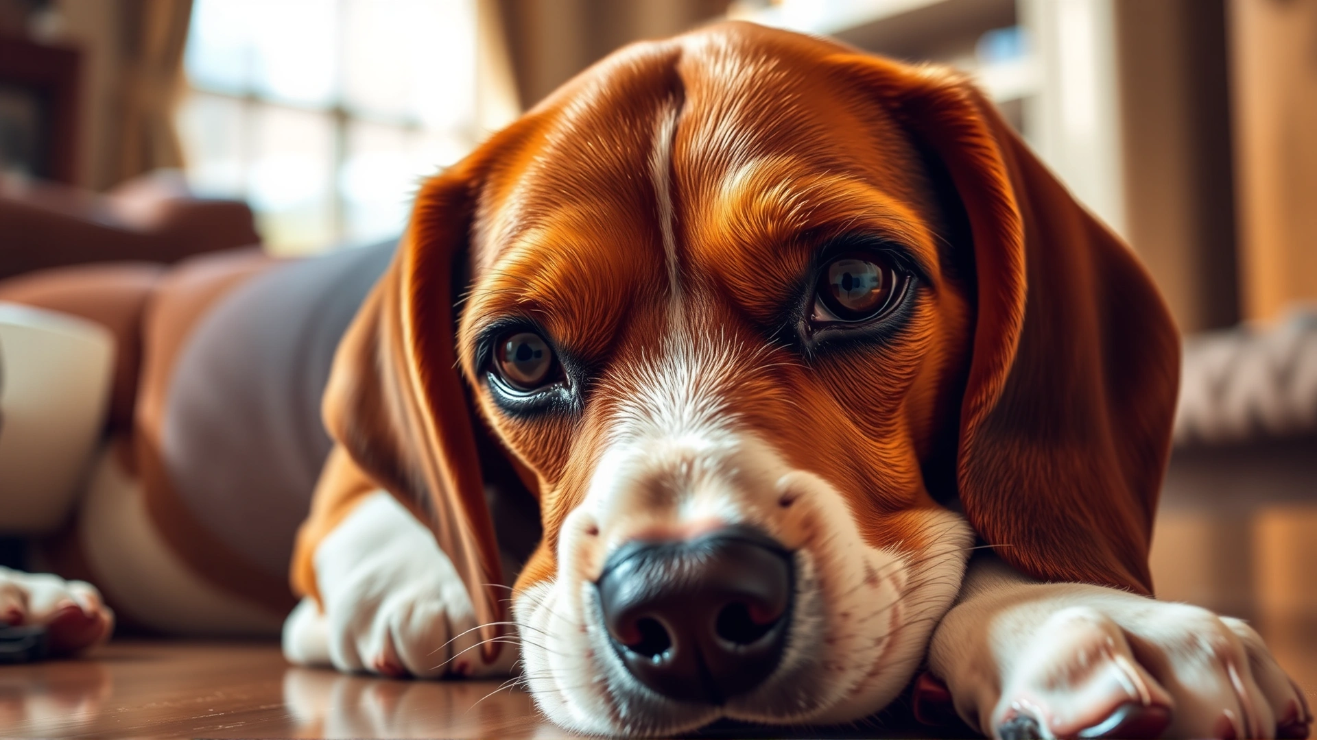 Close-up of a beagle or similar breed with an exceptionally glossy, healthy coat, lying comfortably indoors under warm lighting