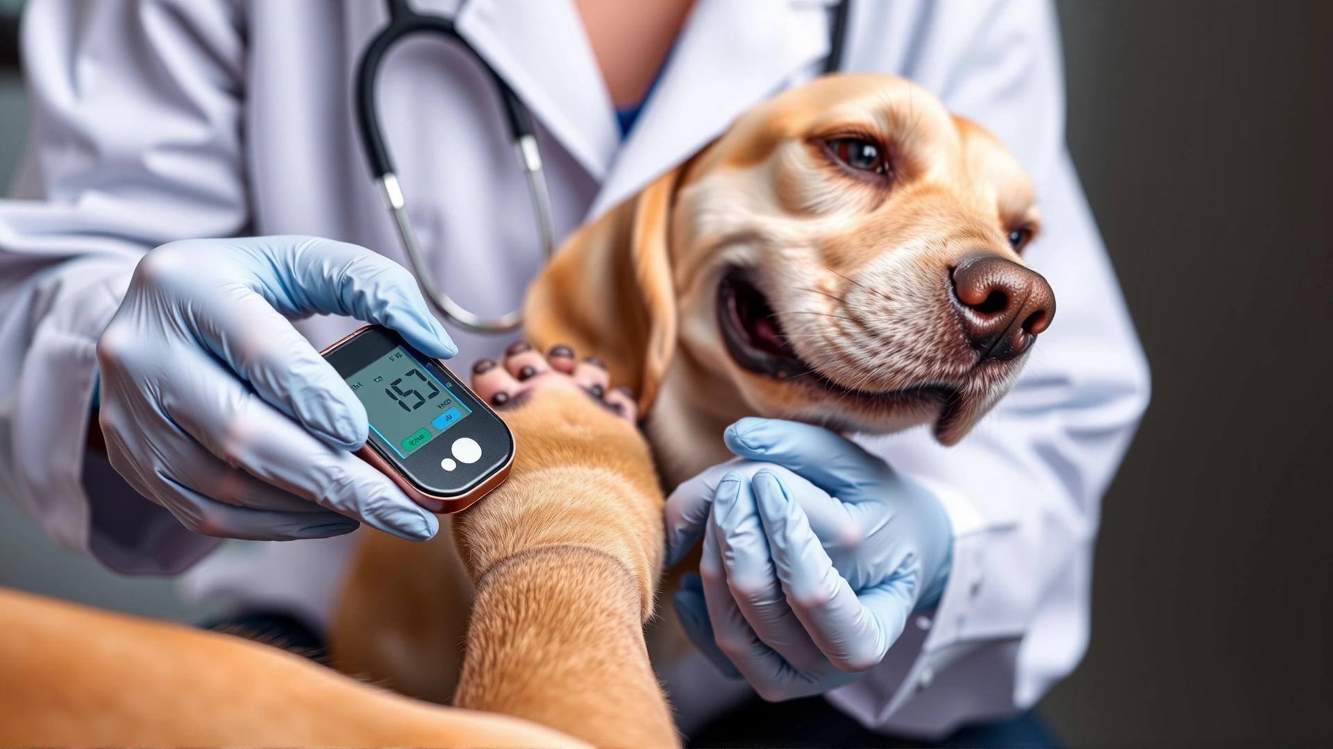 Veterinary technician using a portable glucometer on a dog’s paw to check blood glucose levels