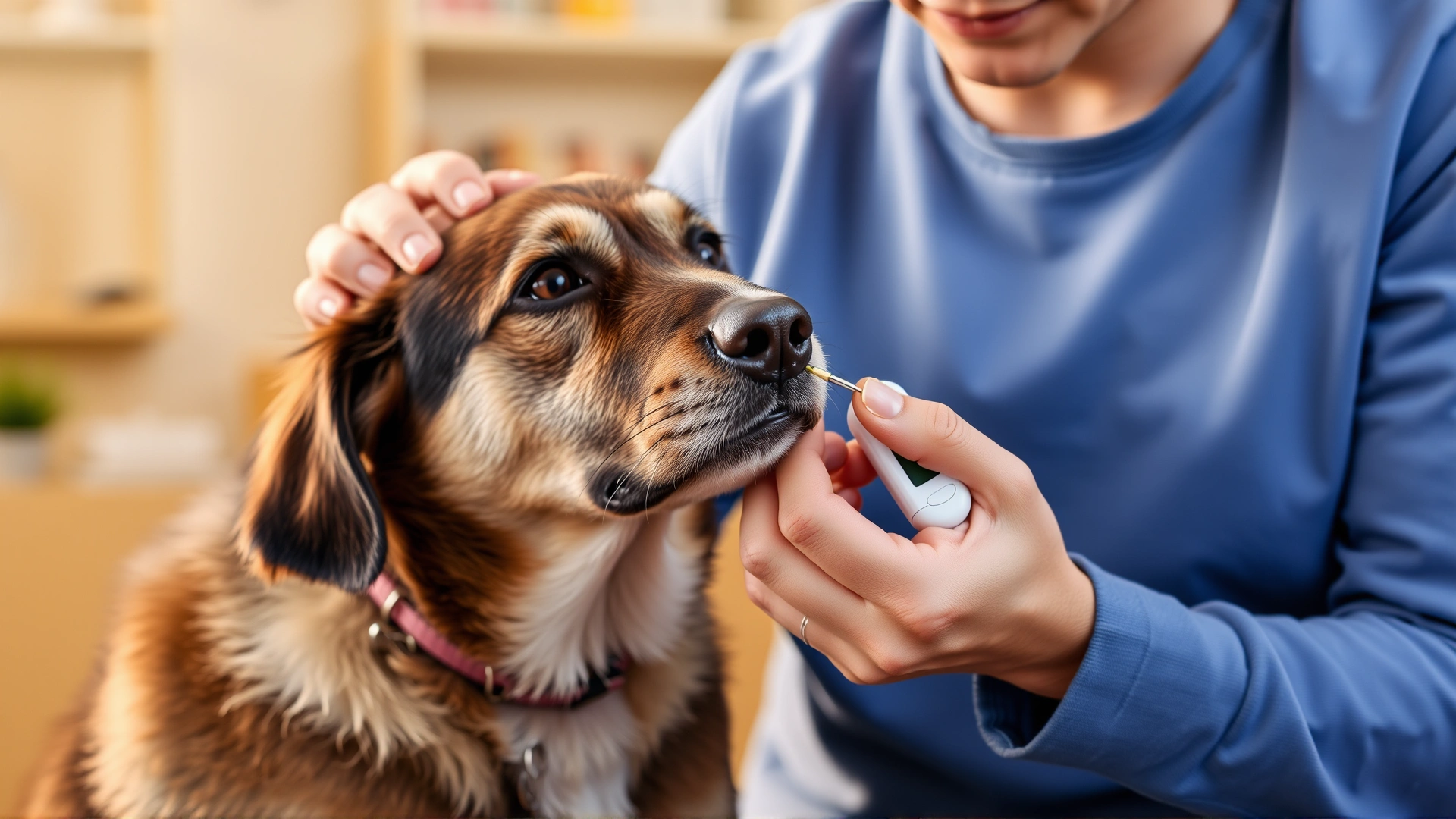 Dog owner gently pricking the dog's ear with a lancet while holding a portable glucose meter, home environment, warm lighting, no text.