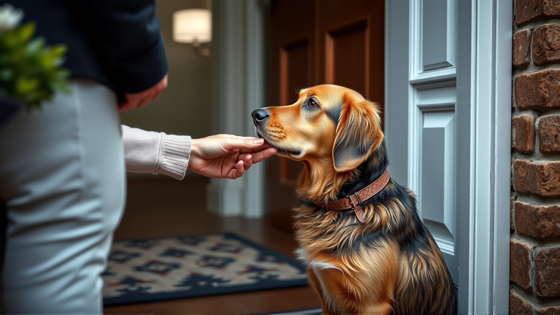 Dog politely sitting while a visitor extends a hand for sniffing, taken at a home entrance, showing a well-managed greeting scenario.
