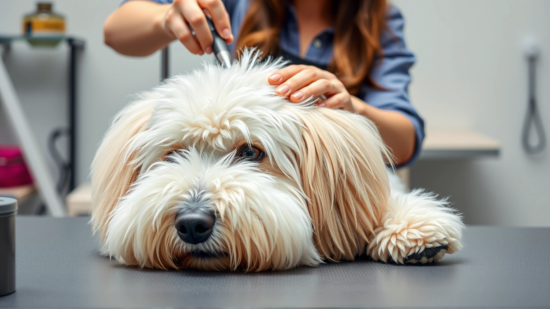 Professional groomer brushing a fluffy dog on a grooming table, highlighting proper care routines.
