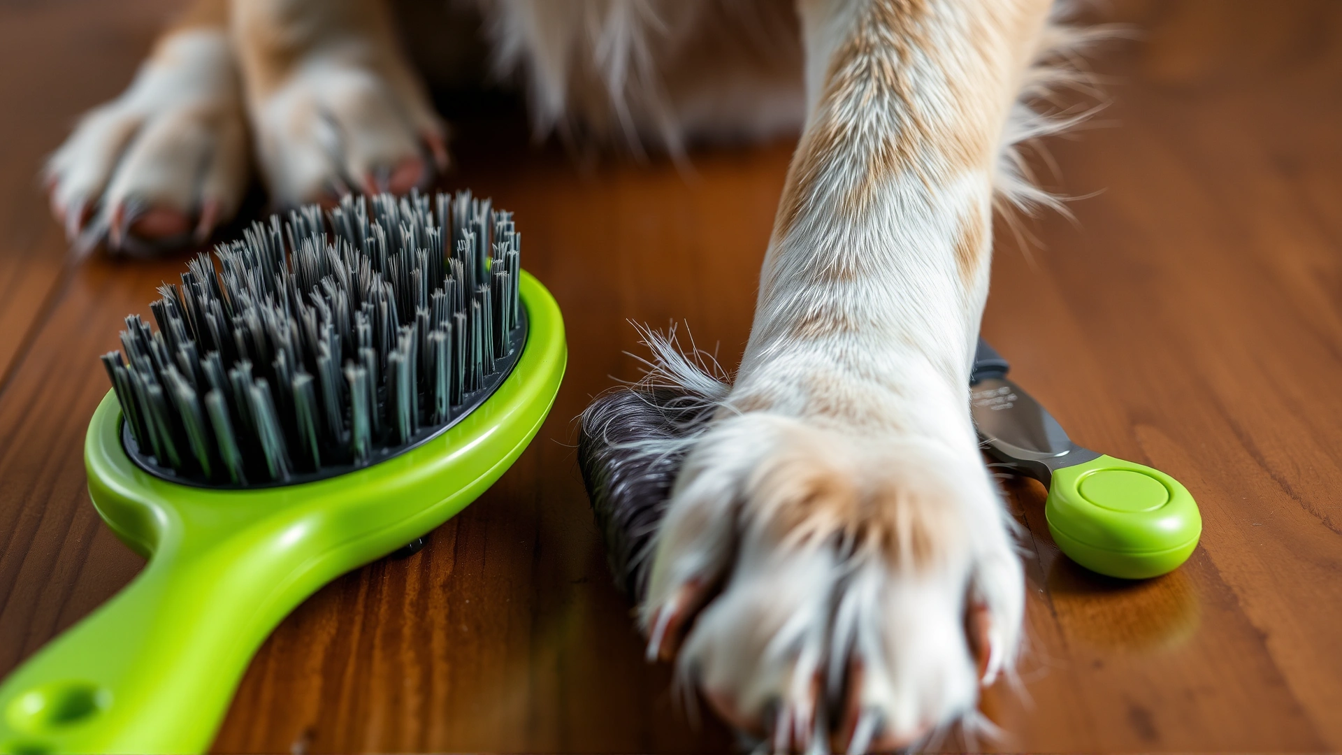 Close-up of a slicker brush and de-shedding tool placed on a wooden table next to a dog’s paws, emphasizing grooming accessories.