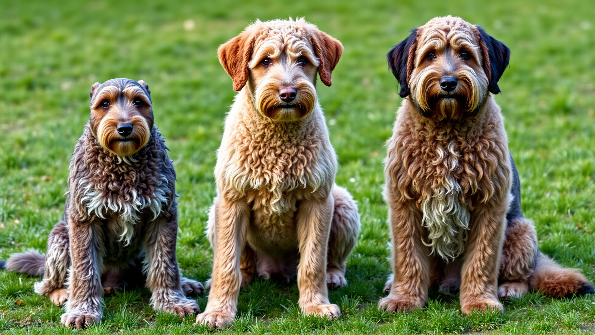 Group of three rare dog breeds (Azawakh, Otterhound, Lagotto Romagnolo) sitting together on green grass, looking towards camera.