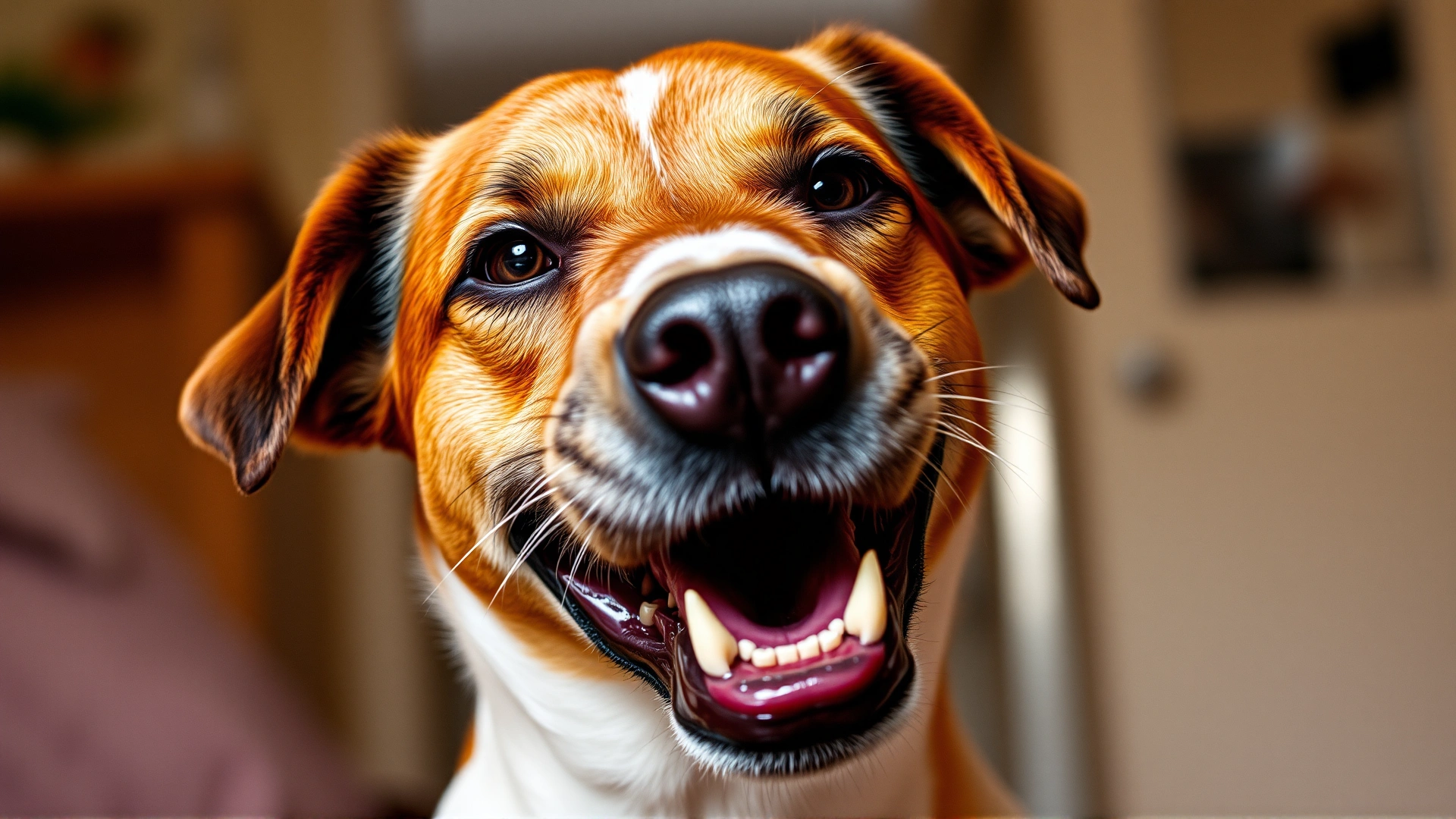 Portrait of a dog growling with slightly bared teeth and focused eyes, captured in warm indoor lighting to illustrate the concept of dog growl.