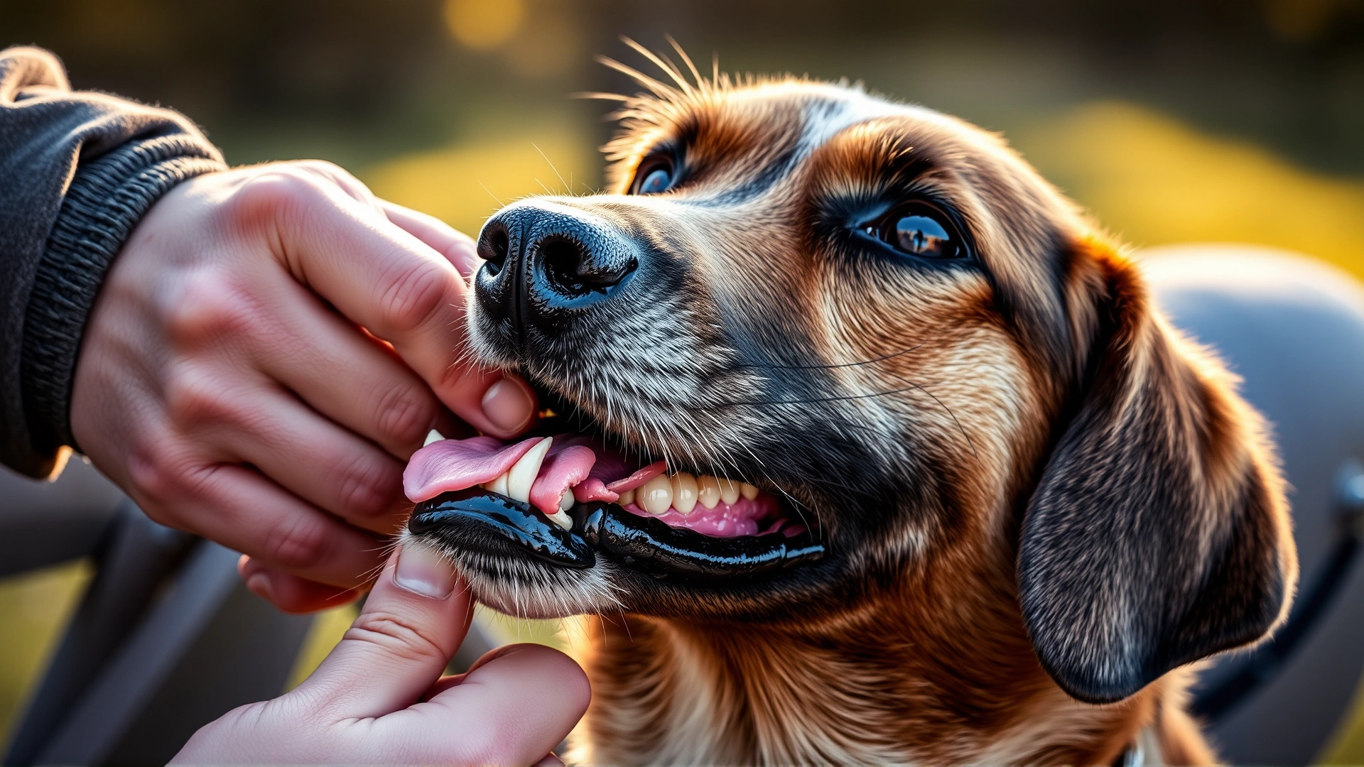 Well-lit photo of a dog owner lifting the dog’s upper lip outdoors, showing the gums clearly