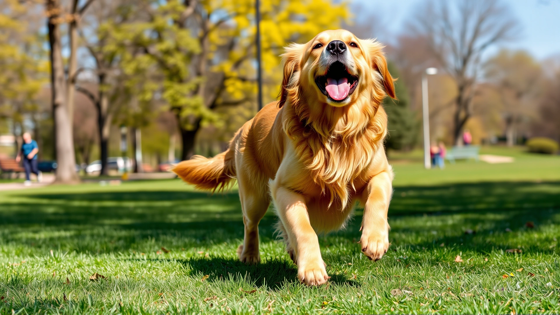 Energetic Golden Retriever running in a sunny park, symbolizing improved quality of life after successful seizure control.