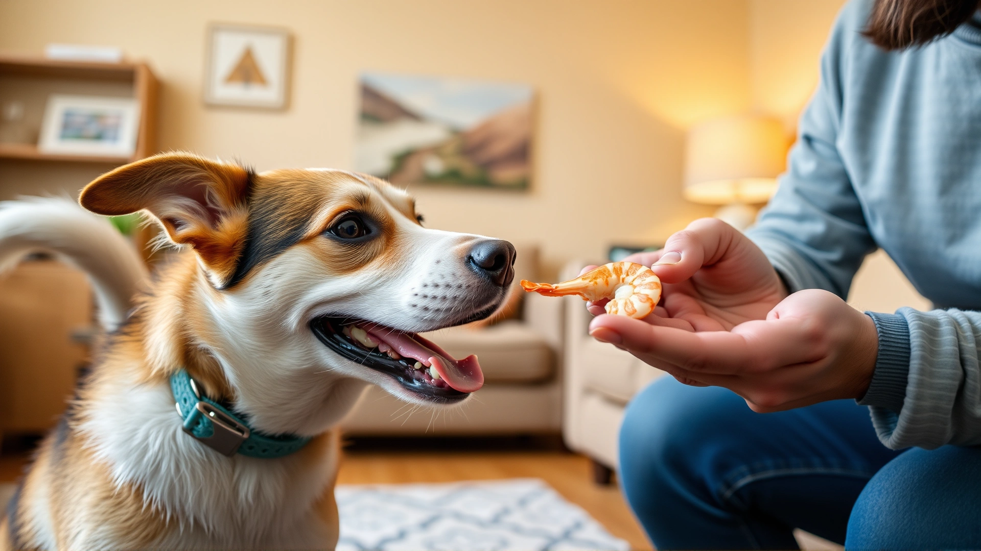 Medium-sized mixed breed dog wagging tail while receiving a small piece of shrimp from owner's hand in a cozy living room