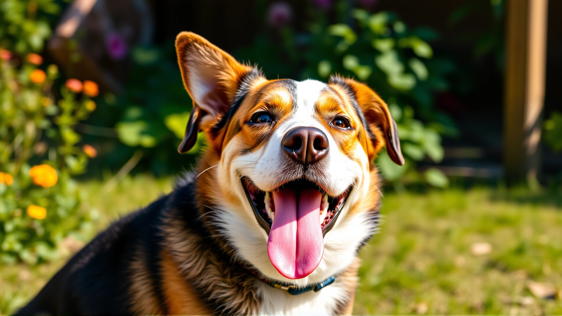 Close-up of a happy mixed breed dog with its tongue out, sitting in a sunny garden
