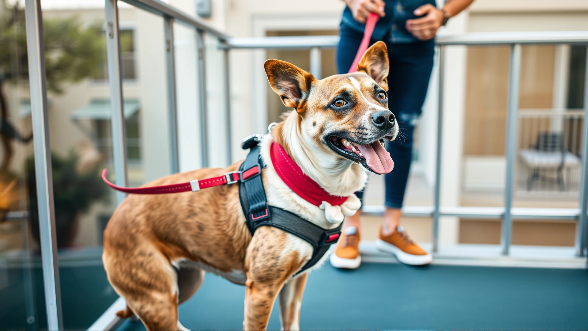Medium shot of a dog wearing a comfortable harness and leash secured to a fixed point on a balcony while the owner stands nearby.