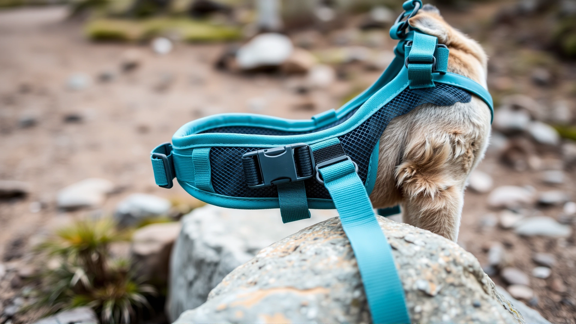 Close-up of a sturdy teal-colored dog hiking harness with breathable mesh and secure buckles, displayed on a rock beside a trail.