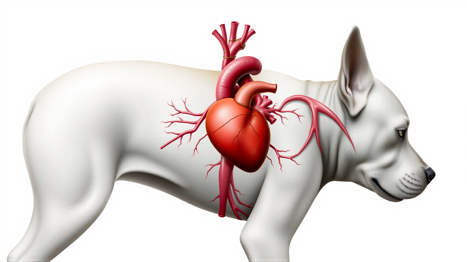 Diagram-style illustration of a dog's chest showing the heart and major blood vessels in a realistic medical style, no text, white background