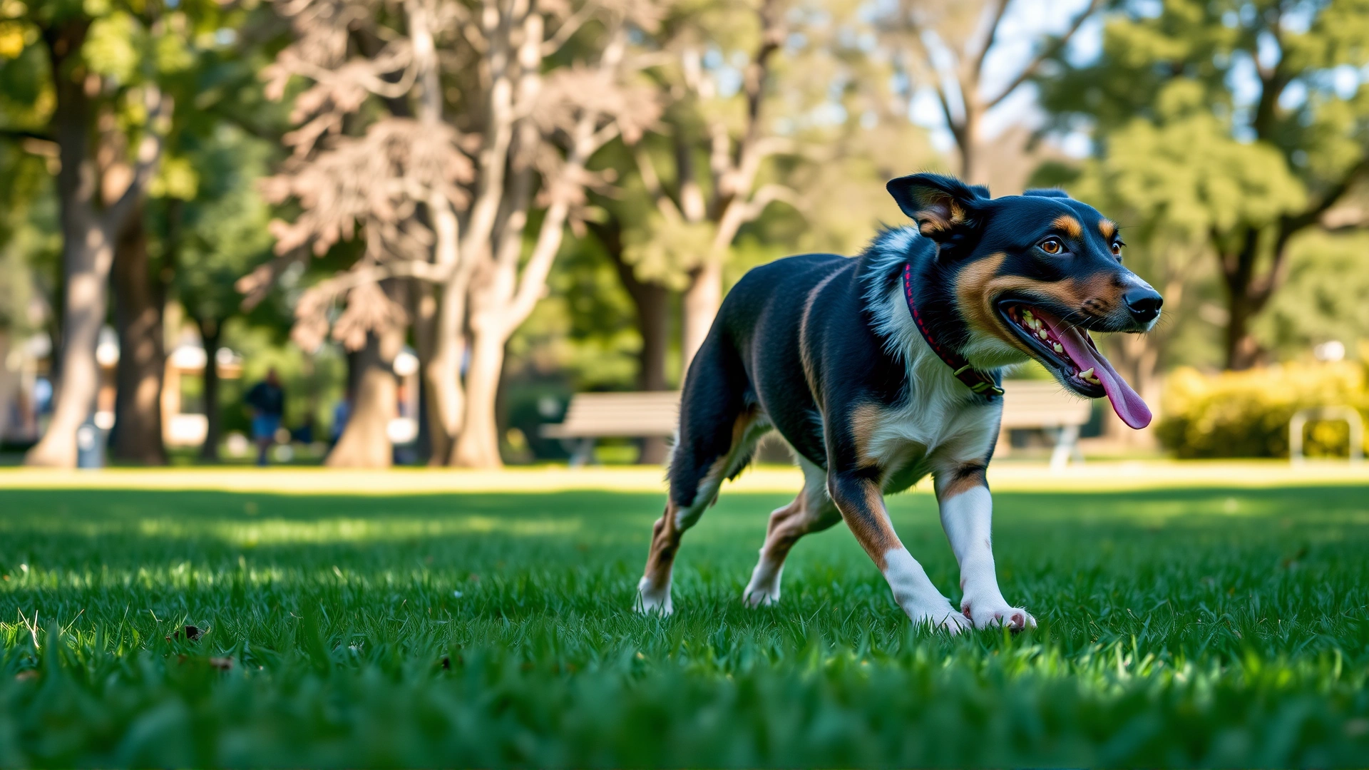Active dog panting after running in a sunny park, tongue out, shallow depth of field