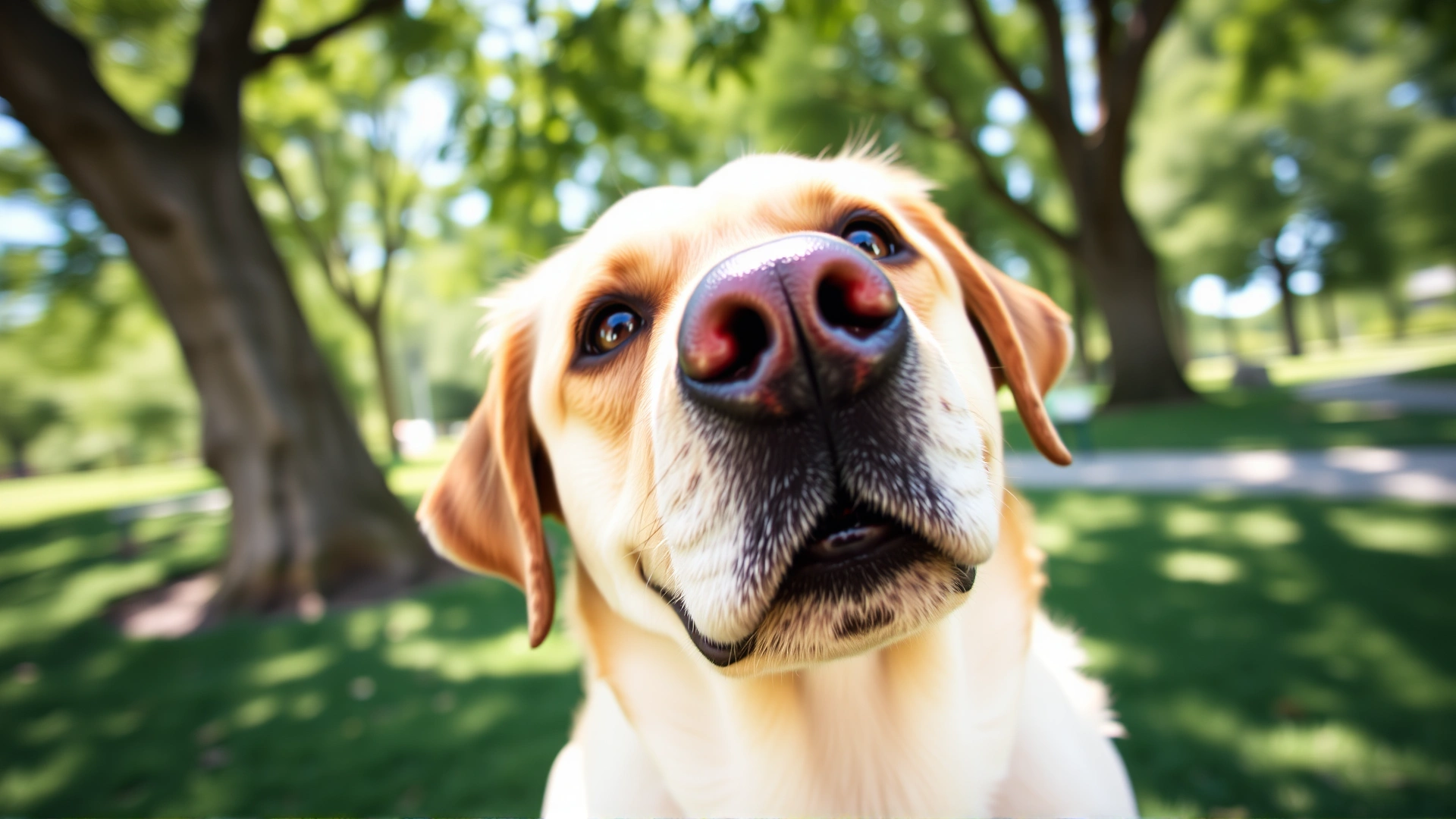 Close-up of a friendly Labrador Retriever looking up at the camera in an outdoor park, bright natural light, gentle depth of field.
